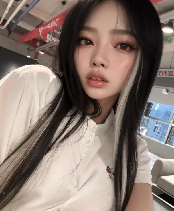 um close up de uma mulher com longos cabelos pretos e uma camisa branca, Lalisa Manobal, Lalisa Manoban do Blackpink, parque roseanne de blackpink, coreana, Jinyoung Shin, Ulzzang, jennie blackpink, jaeyeon nam, com cabelo comprido, Xisionwu, jossi do blackpink, adorable and pale korean face, com franja, Asian