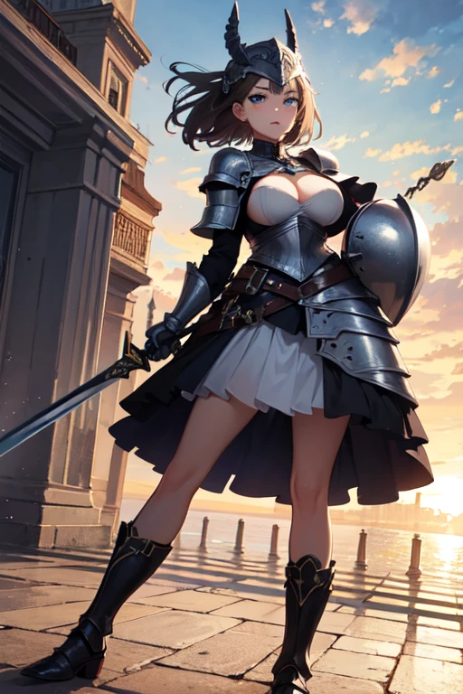 cloud, day,outdoors, standing in front of a castle , holding a sword in her hand, (helmet:1.3),(armor),(breastplate),(skirt_armor),(silver_BRA),a helmet on her head,armored_boots, (Blue_eyes),(brown_hair),(short_hair), (hair_Bun),(Bangs), 1 girl, 20yo,Young female,Beautiful Finger,Beautiful long legs,Beautiful body,Beautiful Nose,Beautiful character design, perfect eyes, perfect face,expressive eyes, looking at viewer, From_Center, From_front,full_body, official art,extremely detailed CG unity 8k wallpaper, perfect lighting,Colorful, Bright_Front_face_Lighting,shiny skin, (masterpiece:1.0),(best_quality:1.0), ultra high res,4K,ultra-detailed, photography, 8K, HDR, highres, absurdres:1.2, Kodak portra 400, film grain, blurry background, bokeh:1.2, lens flare, (vibrant_color:1.2) (Beautiful,large_Breasts:1.4), (beautiful_face:1.5),(narrow_waist),