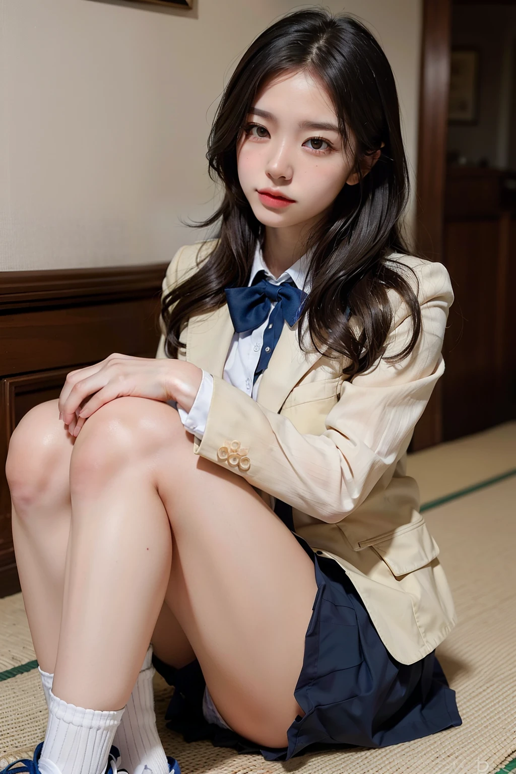 Very detailed expression, (RAW shooting: 1.2), (Photorealsitic: 1.4), beautiful details of beauty and delicate expression, blonde hair, ((panties visible)) (squat pants shot) Nipple piercings, eyelashes, beautiful details Eyes, Huge file size, Super detailed, High resolution, Super beautiful, Top quality, Masterpiece, (Japanese girls' high school uniform)), Spectacular, Fine details, Detailed facial movie writing, 23 year old girl, ( (dynamic pose))), (sitting cross-legged, bending the knees)), pleated skirt, blazer, sexy upper eyes