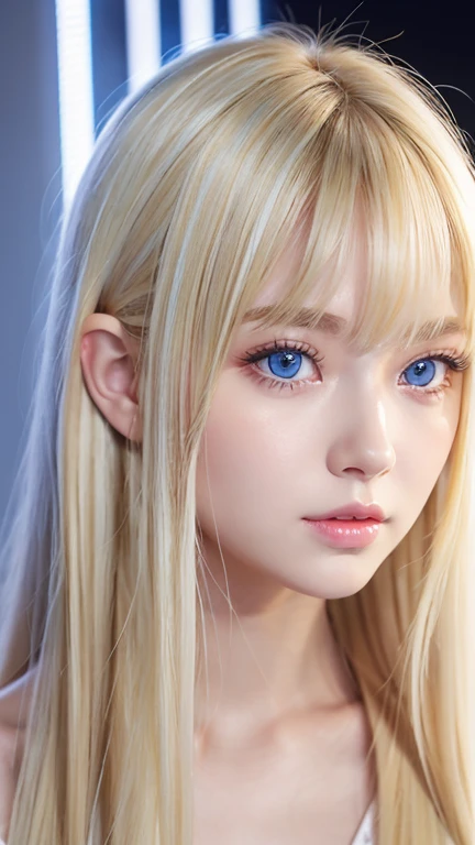 White, clear, shiny and bright skin、17 year old cute sexy little very beautiful face、Straight super long blonde hair that shines in dazzling light、Beautiful blonde hair dancing wildly in front of her cute and beautiful face、Silky long bangs that cover the cute eyes、blonde hiding her sexy face、Very beautiful long blonde hair、sexy cute young beautiful girl、very big breasts、Super long natural young blonde with dazzling light highlights、hair above eyes、片hair above eyes、hair between eyes、Very beautiful, bright and dazzling big light blue eyes、extremely big eyes、small face beauty、cheek gloss highlight
