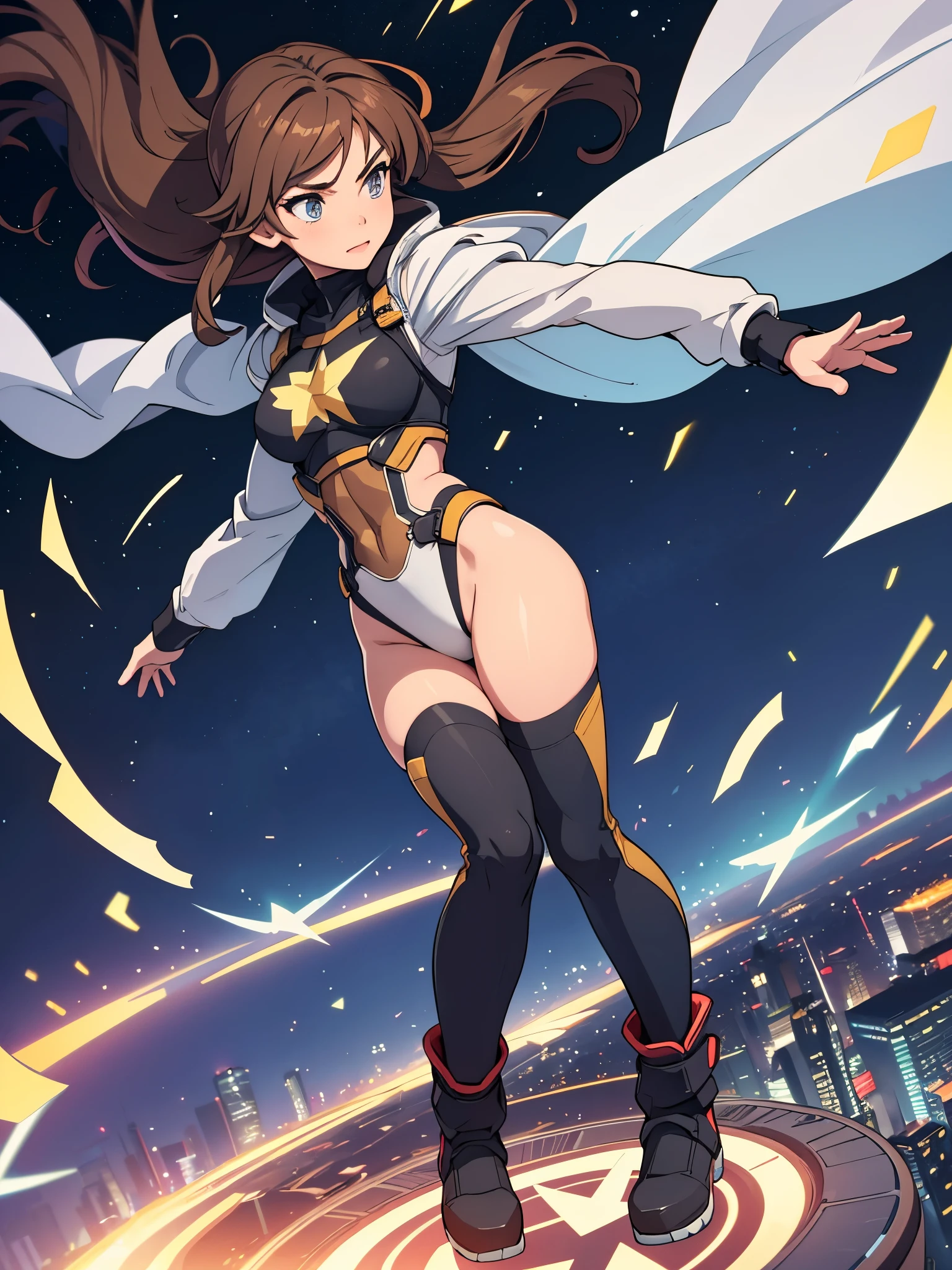 1girl, medium breasts, leotard, bare legs, tight belt, boots, matching boots, gloves, city backdrop, solo, single, full body shot, superhero, beautiful detailed eyes, mature lady, star symbol on chest, brown hair, high leg leotard, spins fast in place like a tornado, wind swirls, rapid gyration, girl tornado spinning, girl turning to a whirlwind, outstretched arms, standing, time warp