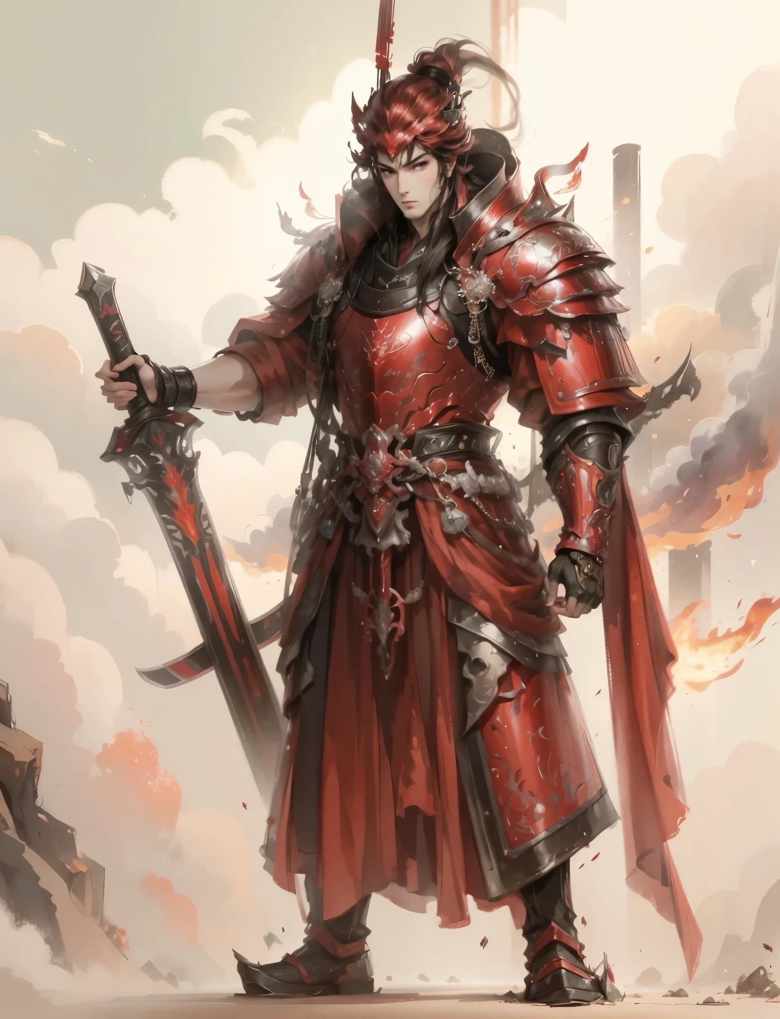 The main body of the picture is purple，red flames surround man，Red armor，a man，wearing armor，Lots of detail，Very rich in detail，HD quality，4k quality，HD pictures，Rich in details，Chinese fighter，Chinese fighter，standing in front of green plants，Adult men，bow your head，Looking into the distance，ink style，watercolor