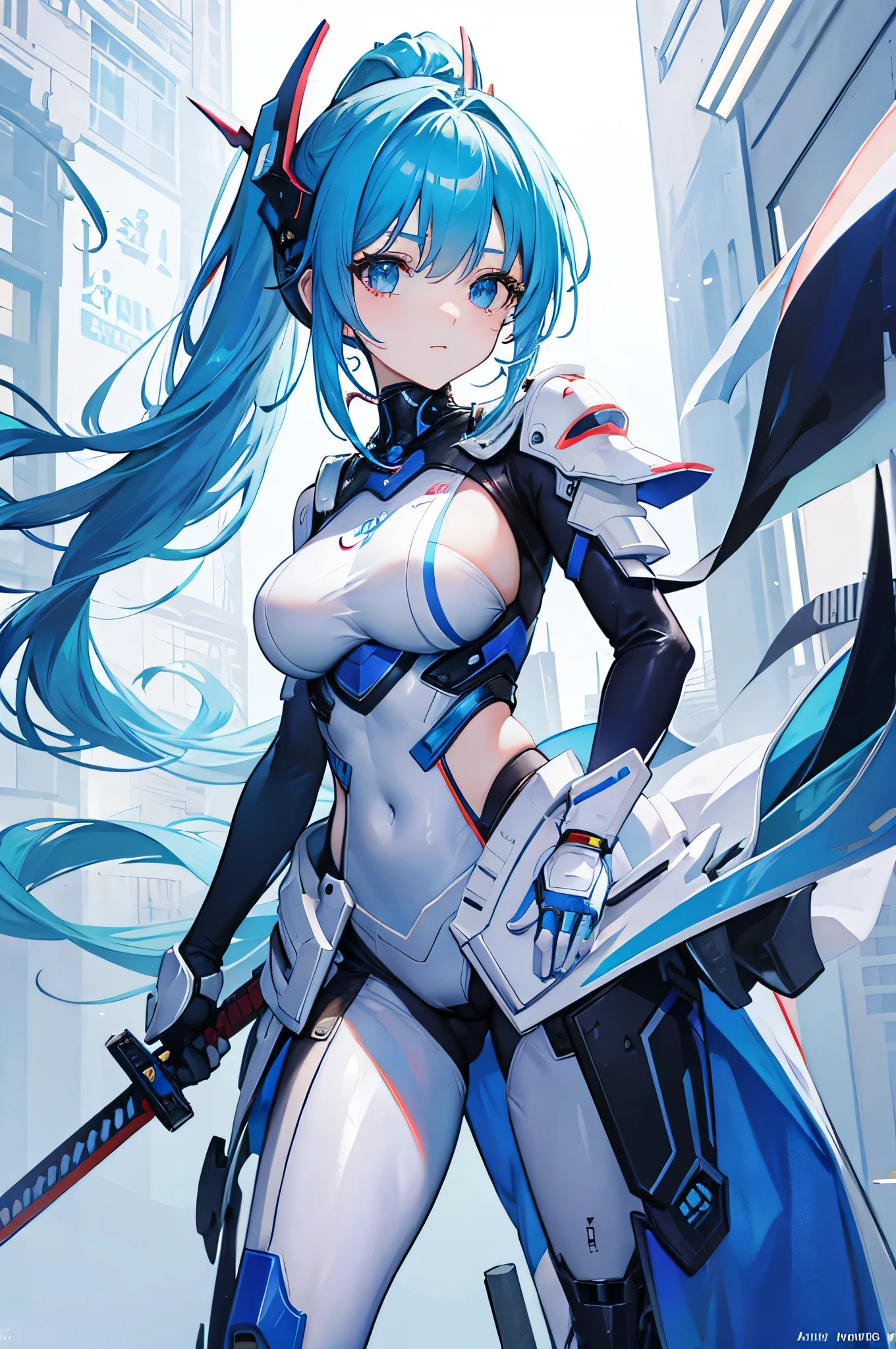 4K,High resolution,one woman,blue hair,long ponytail,big breasts,white tight mechanical suit,side boob,Mechanical visor,Japanese sword,city of the future,daytime sky