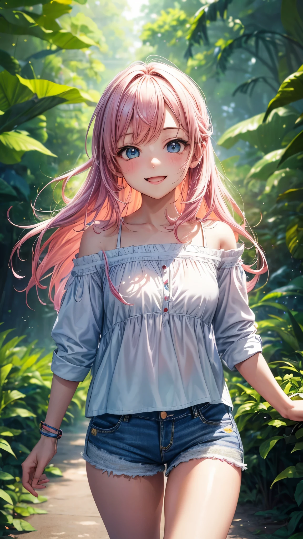 (highres,masterpiece:1.2),detailed,1_girl waifu,,wearing offtheshoulder shirt,mini shorts,portraits,anime style,vibrant colors,pastel color palette,warm lighting,blurred background,greenery in the background,breezy atmosphere,relaxed expression,bright eyes,happy smile,flowing hair,soft sunlight filtering through the leaves, walking