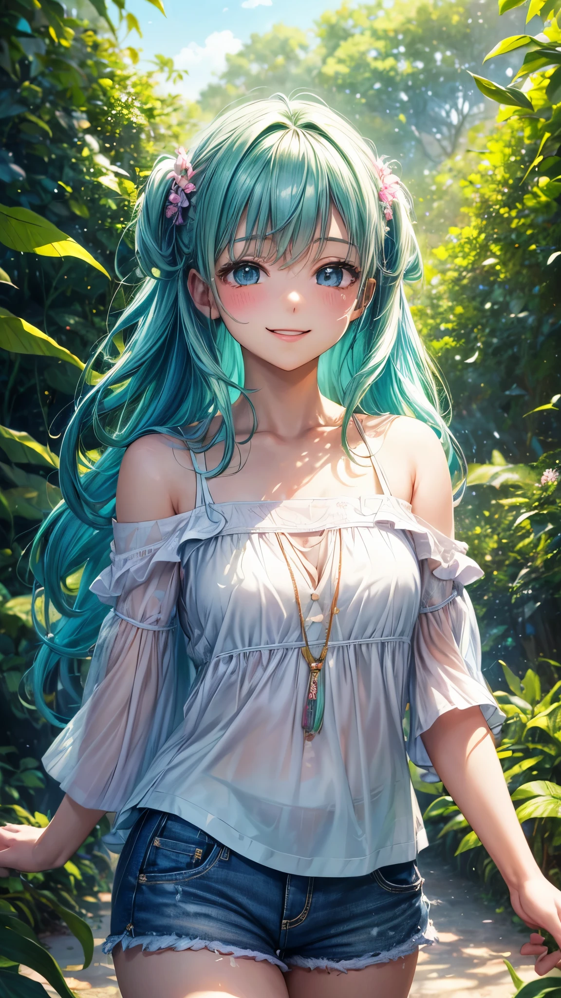 (highres,masterpiece:1.2),detailed,1_girl waifu,,wearing offtheshoulder shirt,mini shorts,portraits,anime style,vibrant colors,pastel color palette,warm lighting,blurred background,greenery in the background,breezy atmosphere,relaxed expression,bright eyes,happy smile,flowing hair,soft sunlight filtering through the leaves, walking