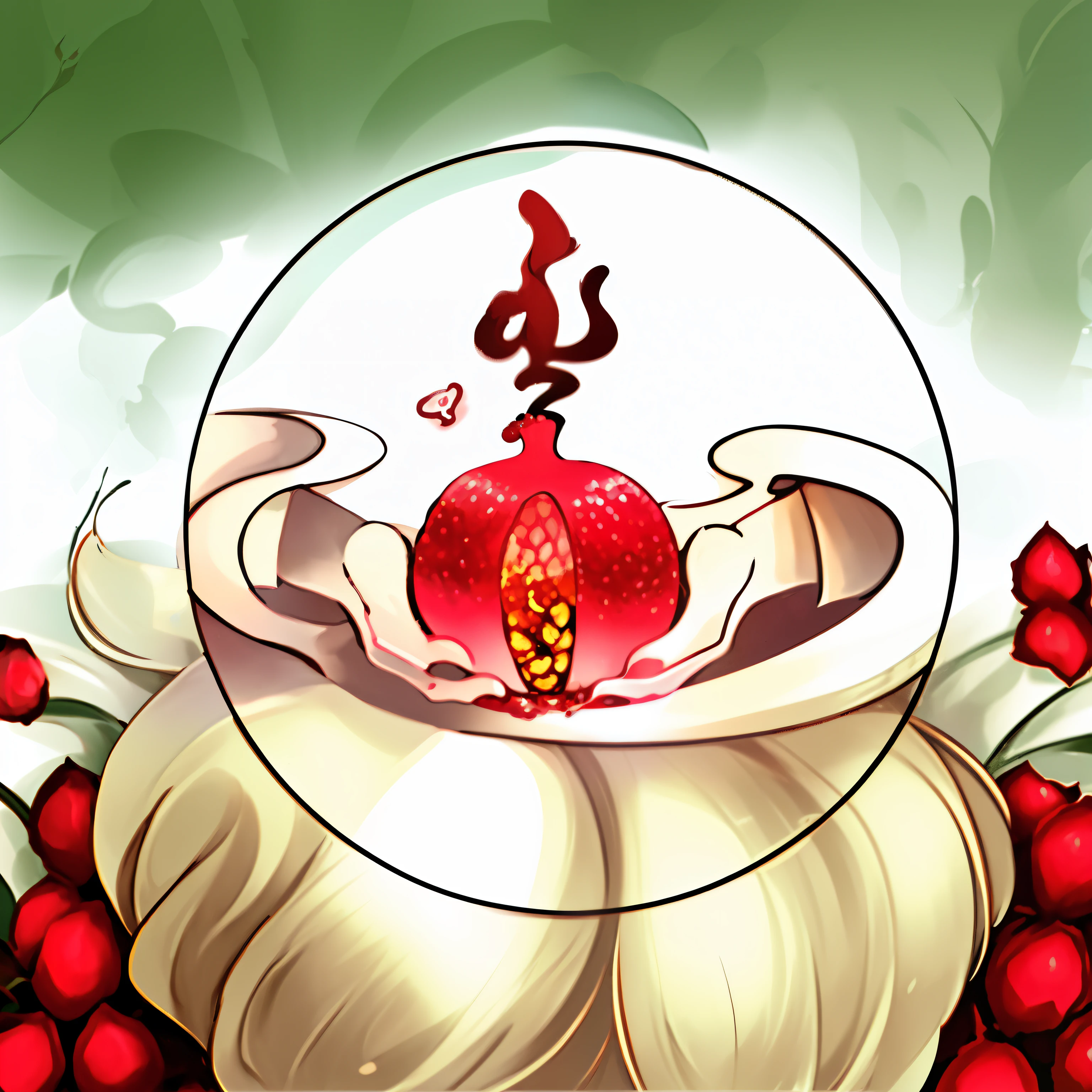 there is a picture of a pomegranate in a bowl with a wave coming out of it, illustrated logo, pomegranate, Sufism, color illustration, Well equipped, kundalini energy, Mana flows around it, Persian, full view, Cervical spine awakening, logo, logo, middle view, pomegranate, Full color illustration, round logo, Persian folkore artstyle