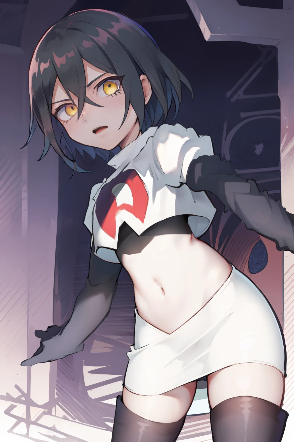 absurdres, cowboy shot, solo, male focus, trap, 1boy, crossdressing,1boy, saihara shuichi, yellow eyes,looking at viewer, team rocket,team rocket uniform,white skirt,red letter R,crop top,black thigh-highs,black elbow gloves