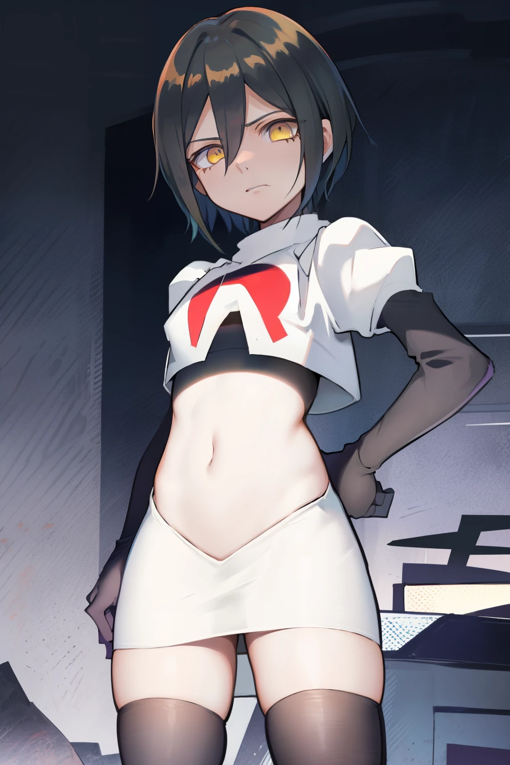 absurdres, cowboy shot, solo, male focus, trap, 1boy, crossdressing,1boy, saihara shuichi, yellow eyes,looking at viewer, team rocket,team rocket uniform,white skirt,red letter R,crop top,black thigh-highs,black elbow gloves