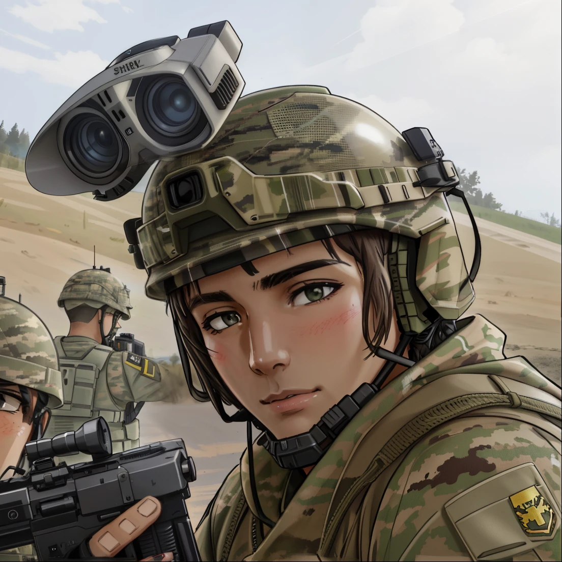 arafed soldier with a rifle and a helmet on with a camera, multicam, multicam camo, arma 3, arma 3 screenshot, multicam uniform, us soldiers, multicam (camo), future soldier clothing, close up portrait shot, rugged soldier, close up view, male with halo, us army, 2020 video game screenshot, anime style