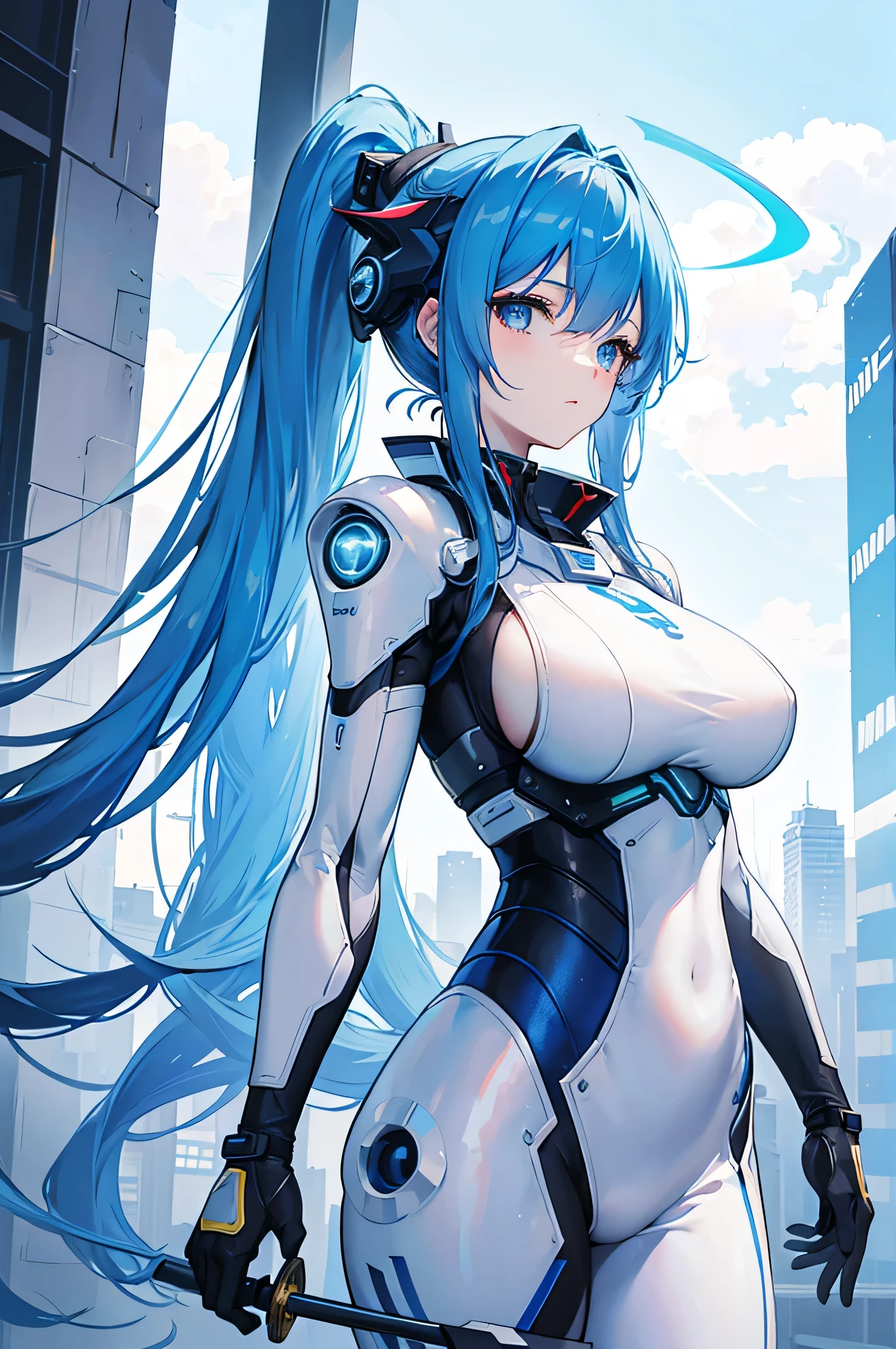 4K,High resolution,one woman,blue hair,long ponytail,big breasts,white tight mechanical suit,side boob,Mechanical visor,Japanese sword,city of the future,daytime sky