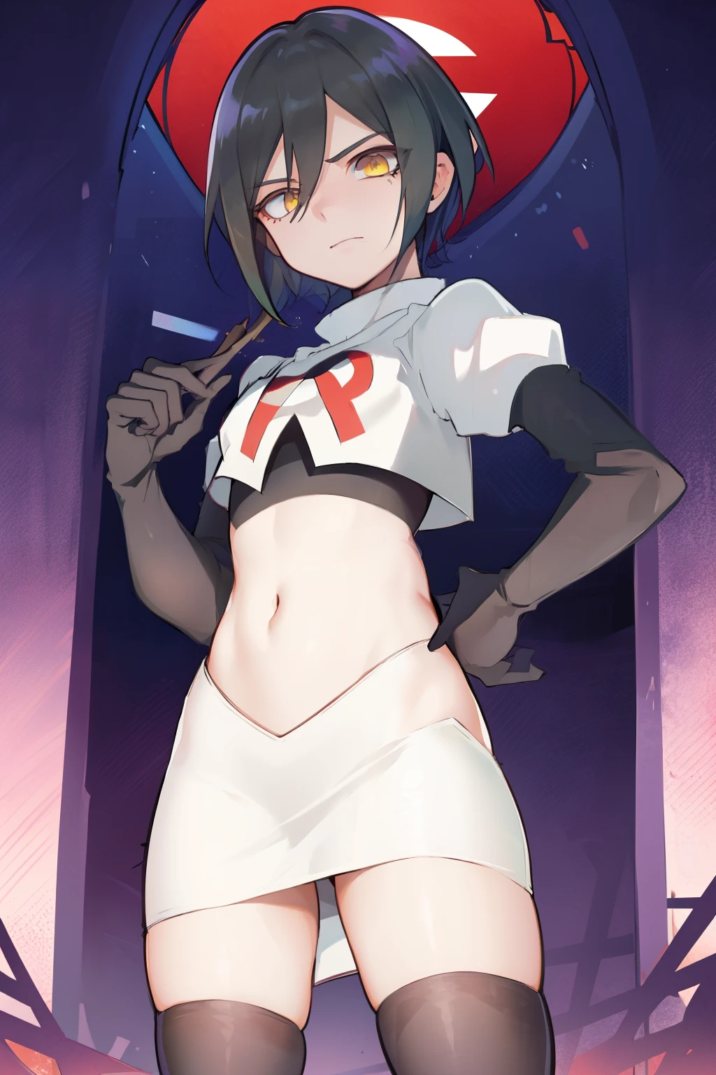 absurdres, cowboy shot, solo, male focus, trap, 1boy, crossdressing,1boy, saihara shuichi, yellow eyes,looking at viewer, team rocket,team rocket uniform,white skirt,red letter R,crop top,black thigh-highs,black elbow gloves