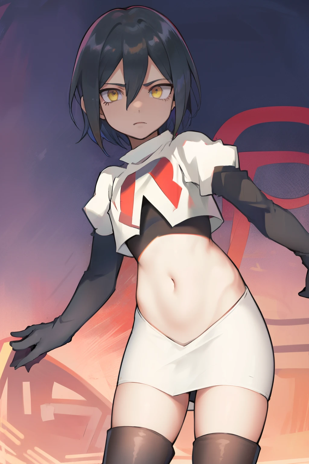 absurdres, cowboy shot, solo, male focus, trap, 1boy, crossdressing,1boy, saihara shuichi, yellow eyes,looking at viewer, team rocket,team rocket uniform,white skirt,red letter R,crop top,black thigh-highs,black elbow gloves