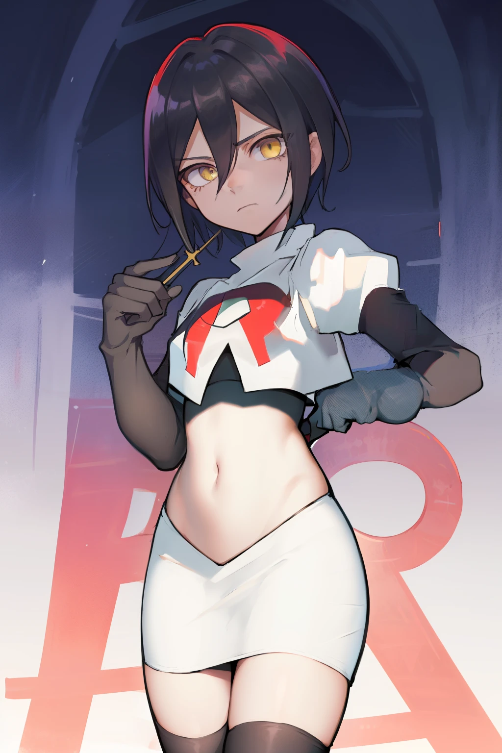 absurdres, cowboy shot, solo, male focus, trap, 1boy, crossdressing,1boy, saihara shuichi, yellow eyes,looking at viewer, team rocket,team rocket uniform,white skirt,red letter R,crop top,black thigh-highs,black elbow gloves