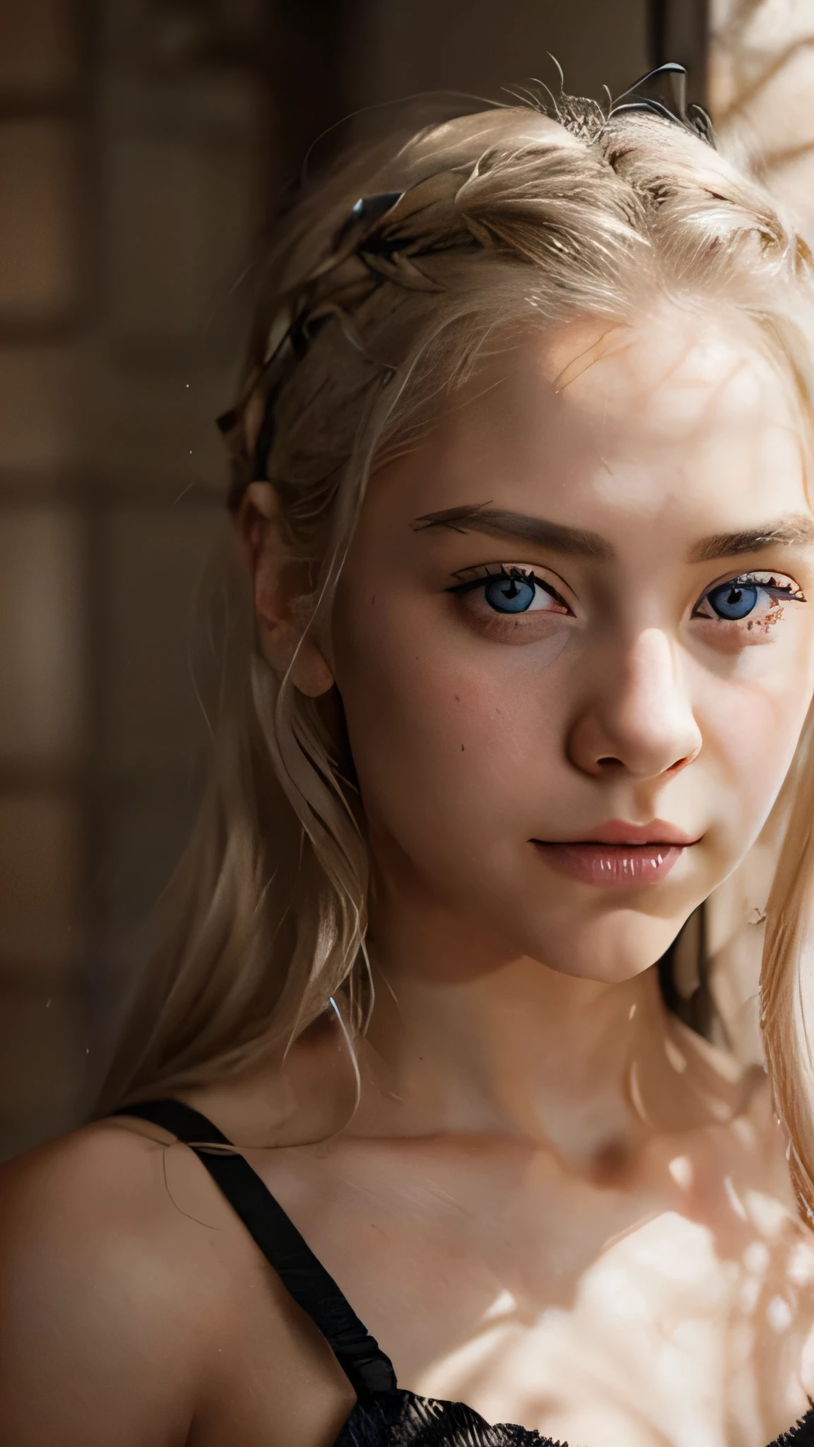 1girl, flawless nordic woman, beautiful, no makeup, ((flawless skin, pale skin, good complexion, perfect eyes)), wide open mouth smile, white teeth, blue eyes, long hair, blond hair, hair pulled back, pony tail, facing camera, looking directly at camera, (photorealistic:1.2), (ultrarealistic:1.3), (very detailed:1.1), ((masterpiece)), closeup of face, overexposure, fully clothed, good lighting, taken from above, ((SFW)), longeyelashes, 8k, super detail, ccurate, best quality, HD, anatomically correct, super detail, award winning, highres, 1080P