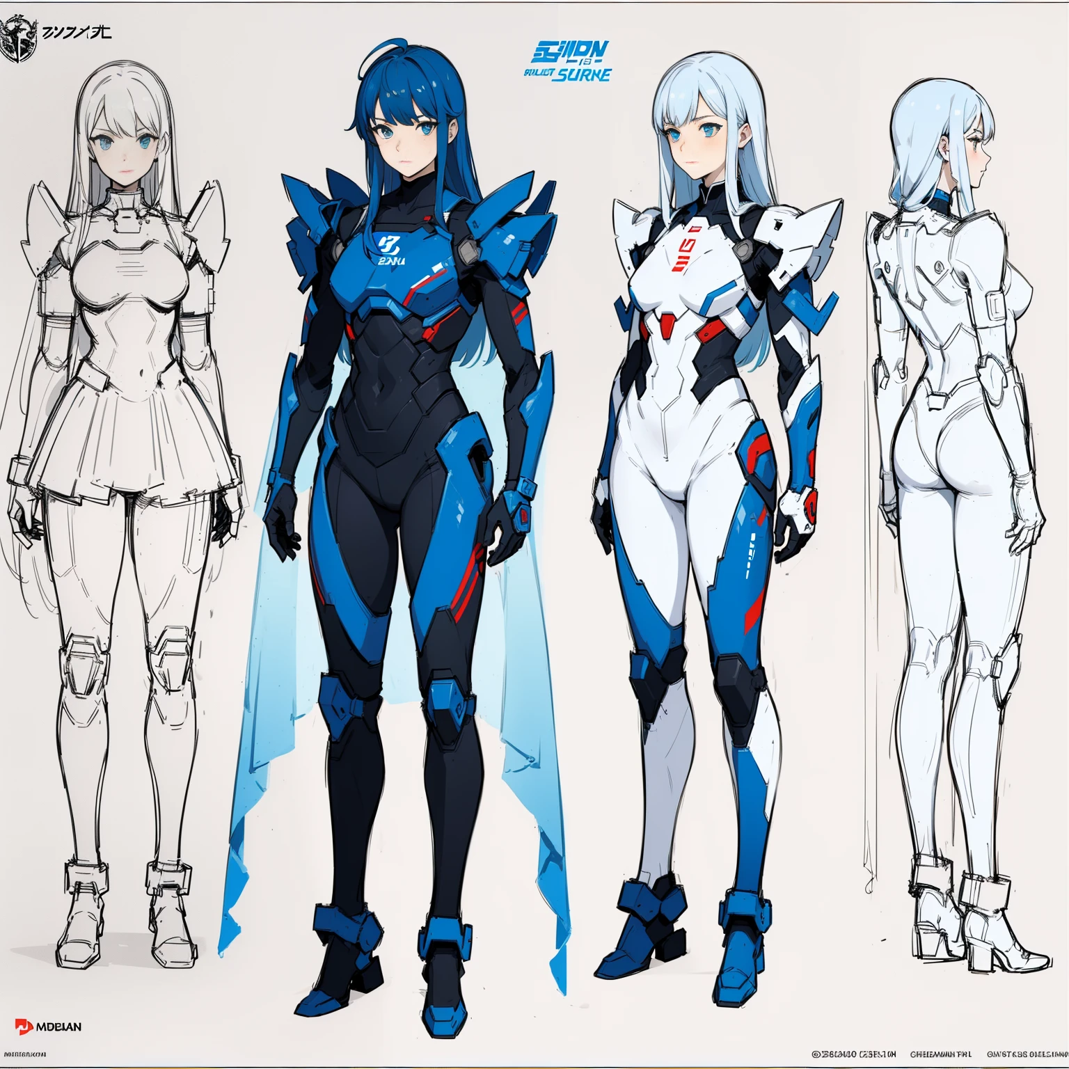 (((full body photo))), red blue and white color, femboy wearing a lightly armoured body suit, sci-fi themes, chest armour, gundam, best quality, arte oficial, Sketch line diagram, eye blue, front view, back view, and side view of character, long hair