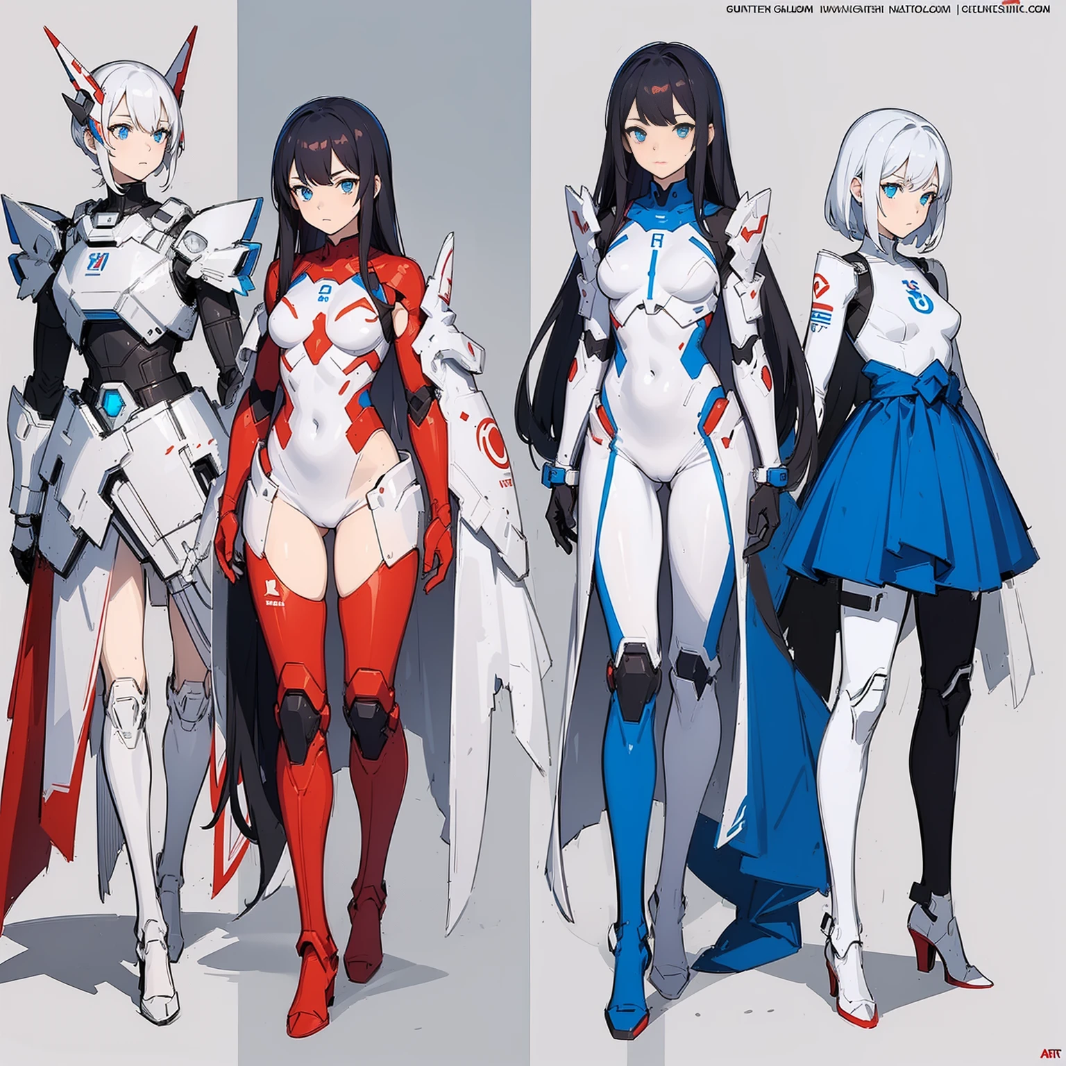 (((full body photo))), red blue and white color, femboy wearing a lightly armoured body suit, sci-fi themes, chest armour, gundam, best quality, arte oficial, Sketch line diagram, eye blue, front view, back view, and side view of character, long hair