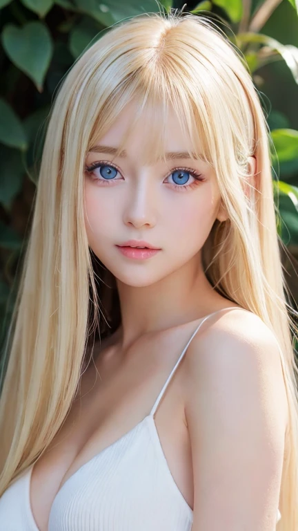 White, clear, shiny and bright skin、17 year old cute sexy little very beautiful face、Straight super long blonde hair that shines in dazzling light、Beautiful blonde hair dancing wildly in front of her cute and beautiful face、Silky long bangs that cover the cute eyes、blonde hiding her sexy face、Very beautiful long blonde hair、sexy cute young beautiful girl、very big breasts、Super long natural young blonde with dazzling light highlights、hair above eyes、片hair above eyes、hair between eyes、Very beautiful, bright and dazzling, pale light blue big eyes、extremely big eyes、small face beauty、cheek gloss highlight