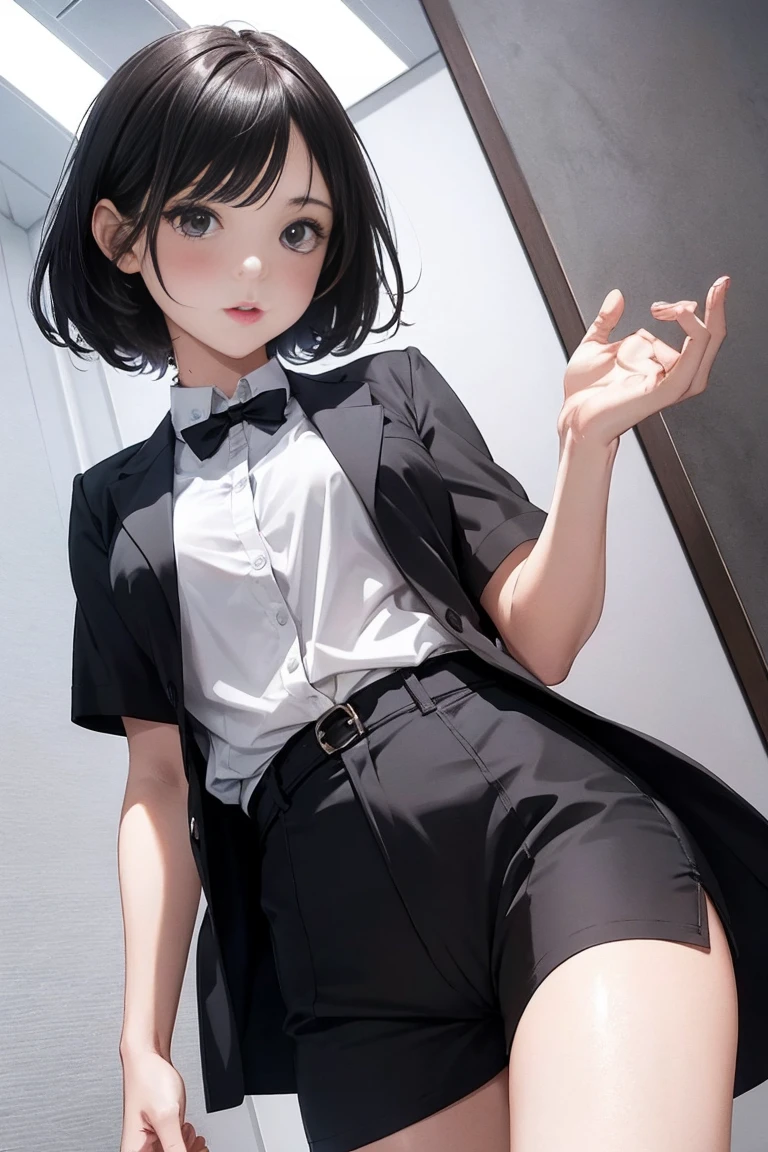 A girl seen from the floor, Skirts or shorts are acceptable, view from below, White legs,medium breasts, ((Very detailed)), (Perfect facial details), (Very detailed hand), realistic images.