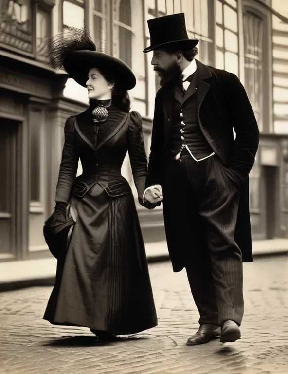((meilleure qualité)); Au 19 ème siècle, 1888; couple qui s'embrassent; enlacés; femme chapeau noire, une longue veste noire garnie de fourrure, une rose rouge et des fougères accrochées à sa veste, longue jupe noire, des bottines, un foulard de soie à carreaux noué autour du cou; homme élégant; costume victorien; rue de Whitechapel; Londres; rue de nuit; scene de vie; cinématographique; hyper réaliste; 4k;