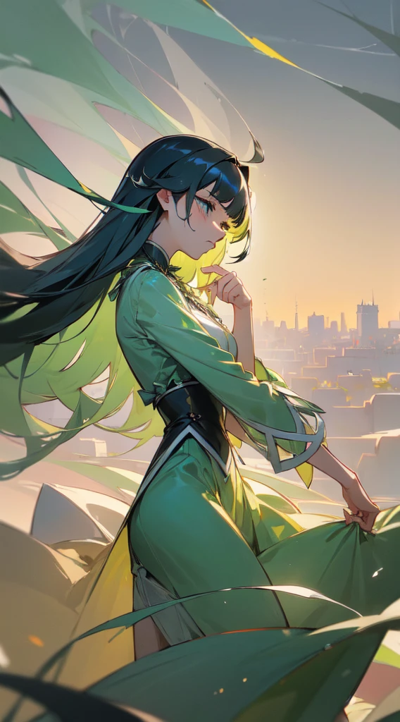 (masterpiece), (best quality), (best detail), (distant general point of view), (edges worn paper),(main color of illustration: jade green), (secondary color: cinnamon), Hoshizora rin , sexy posture, very detailed face, vintage advertising poster with futuristic style letters 60', western futuristic scenery, night (many stars, moon), shading (detailed, much contrast)