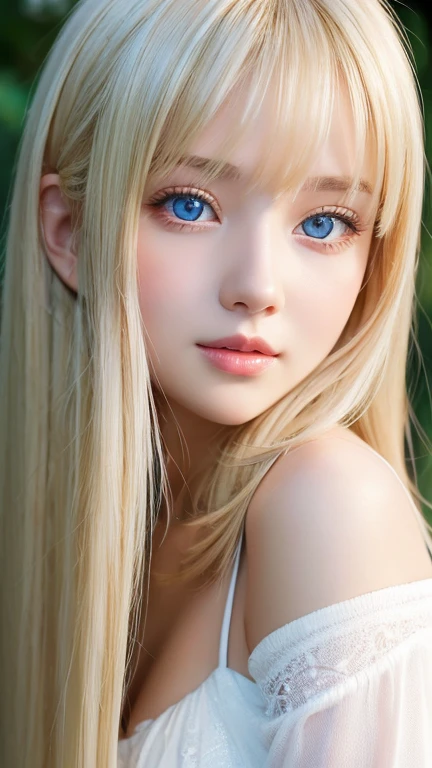White, clear, shiny and bright skin、17 year old cute sexy little very beautiful face、Straight super long blonde hair that shines in dazzling light、Beautiful blonde hair dancing wildly in front of her cute and beautiful face、Silky long bangs that cover the cute eyes、blonde hiding her sexy face、Very beautiful long blonde hair、sexy cute young beautiful girl、very big breasts、Super long natural young blonde with dazzling light highlights、hair above eyes、片hair above eyes、hair between eyes、Very beautiful, bright and dazzling, pale light blue big eyes、extremely big eyes、small face beauty、cheek gloss highlight
