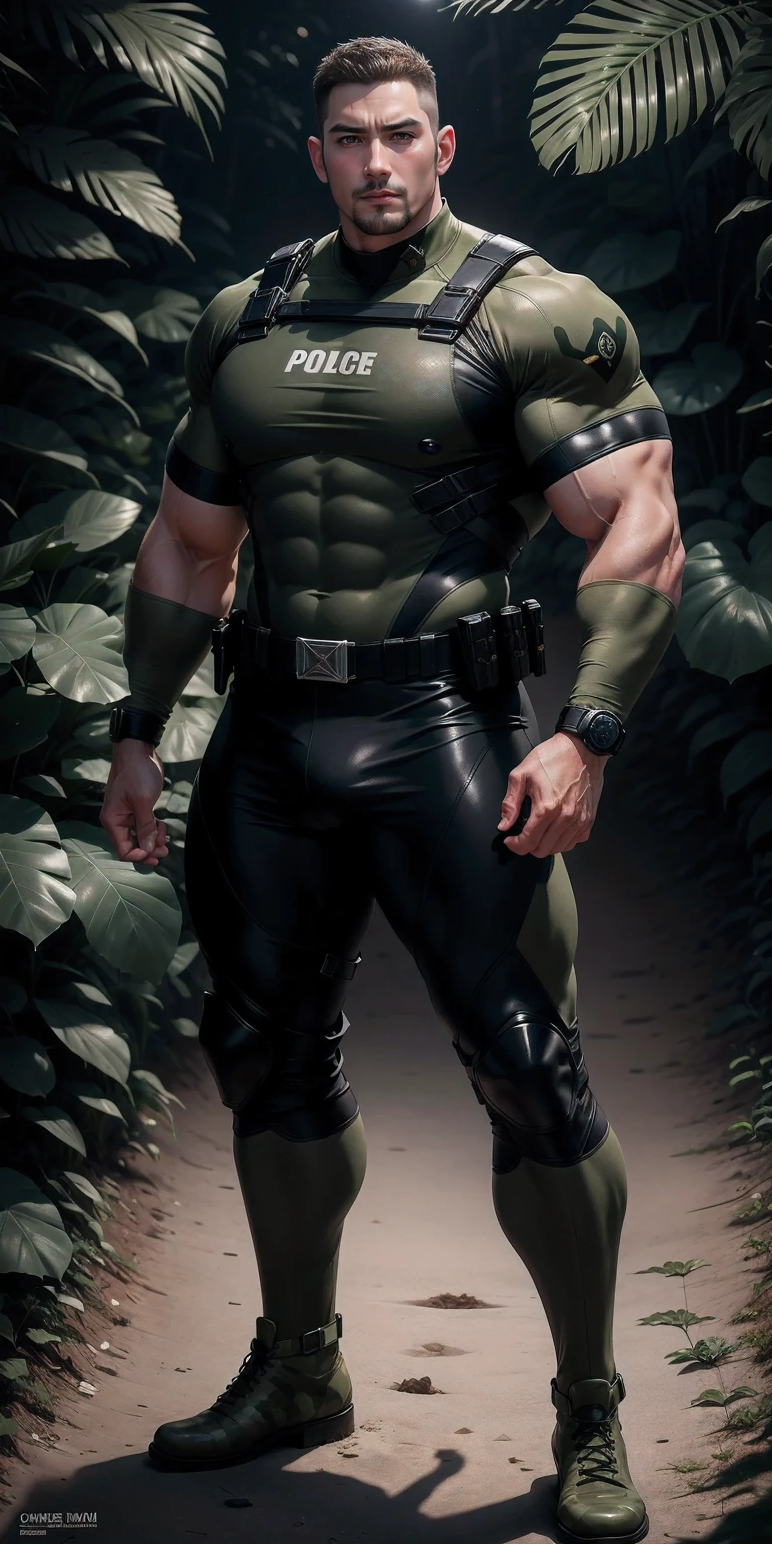High, huge, muscular police officer with his mouth open and screaming..,Khaki camouflage uniform,character idea(Resident Evil - chris redfield,chris redfield)senior police officer,Wearing a khaki camouflage wetsuit,Matte texture,regular symmetrical texture pattern,Standing in the dark sugar cane jungle, The body is wrapped in thick rattan,sad expression,Deep and charming eyes,Emerald Pupil Hero,heroic male pose,高大burly,muscular!Charming leg muscles,High, burly, Heqiang, Wearing a khaki camouflage wetsuit, Super gain and cool, high resolution committee, Big feet in black boots,Charming strong man,The bright sunshine is shining on you,matte particles,shiny texture