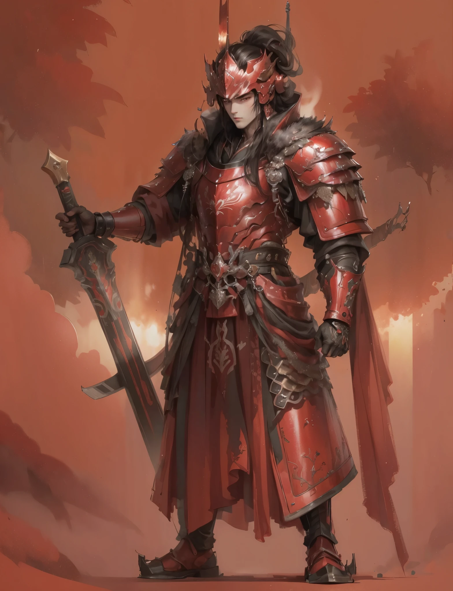 The main body of the picture is red,red flames surround man,Red armor,a man,wearing armor,Lots of detail,Very rich in detail,HD quality,4k quality,HD pictures,Rich in details,Chinese fighter,Chinese fighter,standing in front of green plants,Adult men,bow your head,Looking into the distance,ink style,watercolor