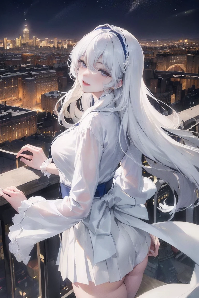 official art, masterpiece, Sharp focus beautiful gorgeous cute korean woman:1.3), (beautiful and cute korean:1.3), Korean beauty, exquisite beautiful hair、eyes and face, actual, Super detailed, beautiful girl, Luminous white particles, (side light:1.2), sunshine, Baiyun, Detailed cloud, Slender, buttocks, smile with teeth, ((smile with eyes, open your eyes)), landscape, long, straight hair, sexy facial expression, architecture, (city View:1.7), dynamic hair, Delicate white hair, Luminous Blue Eyelue Pleated Shirt + Short white skirt), white stockings, pale skin, hair accessories, epic landscape,night,Nice butt,Lift the skirt,露出buttocks,highest resolution,white hair,