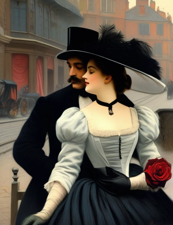 ((meilleure qualité)); Au 19 ème siècle, 1888; couple qui s'embrassent; enlacés; femme chapeau noire, une longue veste noire garnie de fourrure, une rose rouge et des fougères accrochées à sa veste, longue jupe noire, des bottines, un foulard de soie à carreaux noué autour du cou; homme élégant; costume victorien; rue de Whitechapel; Londres; rue de nuit; scene de vie; cinématographique; hyper réaliste; 4k;