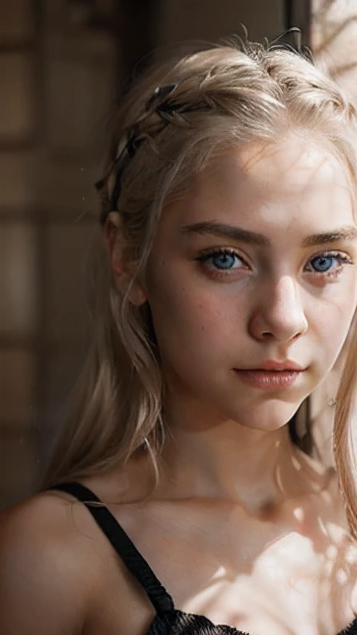 um jovem adolescente. She is short and very pretty, com cabelo loiro platinado e olhos violetas, comum aos membros da Casa Targaryen. in his childhood, Dany was a shy and docile girl, with low confidence and self-esteem. [I want a close-up where only half of her face appears in the photo, I want a photo with a high level of detail, Concentre-se nos olhos, Eu quero vida nos olhos dela