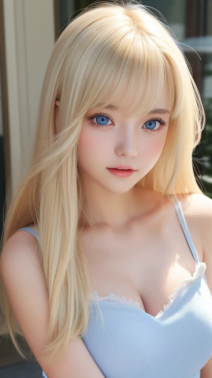 White, clear, shiny and bright skin、17 year old cute sexy little very beautiful face、Straight super long blonde hair that shines in dazzling light、Beautiful blonde hair dancing wildly in front of her cute and beautiful face、Silky long bangs that cover the cute eyes、blonde hiding her sexy face、Very beautiful long blonde hair、sexy cute young beautiful girl、very big breasts、Super long natural young blonde with dazzling light highlights、hair above eyes、片hair above eyes、hair between eyes、Very beautiful, bright and dazzling, pale light blue big eyes、extremely big eyes、small face beauty、cheek gloss highlight