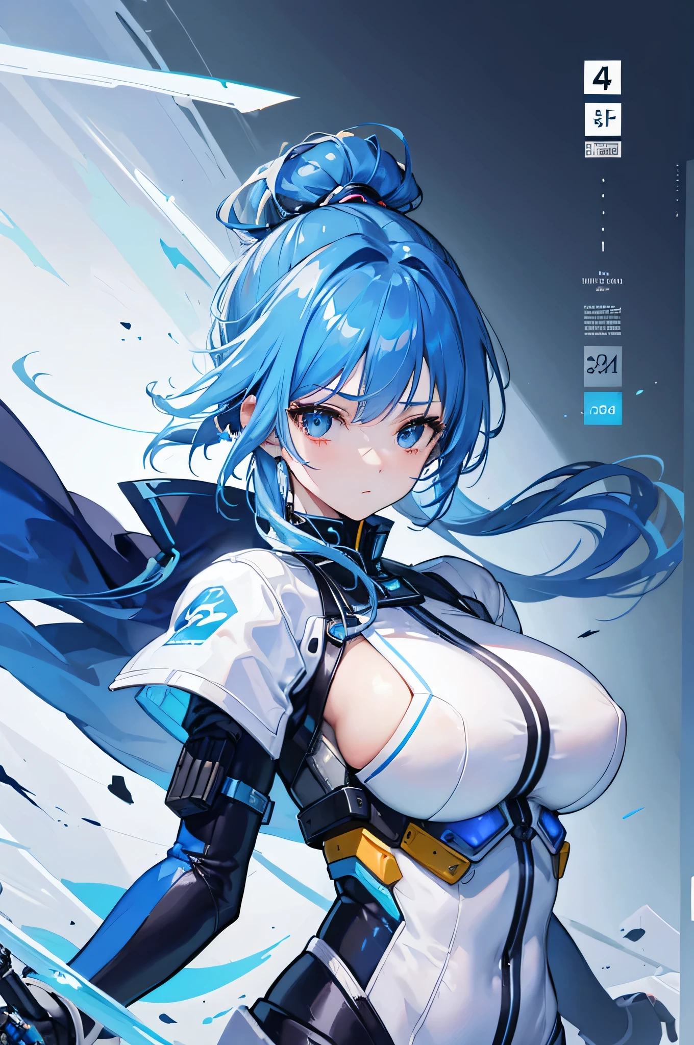 4K,High resolution,one woman,blue hair,long ponytail,big breasts,white tight mechanical suit,side boob,Mechanical visor,Japanese sword,city of the future,daytime sky