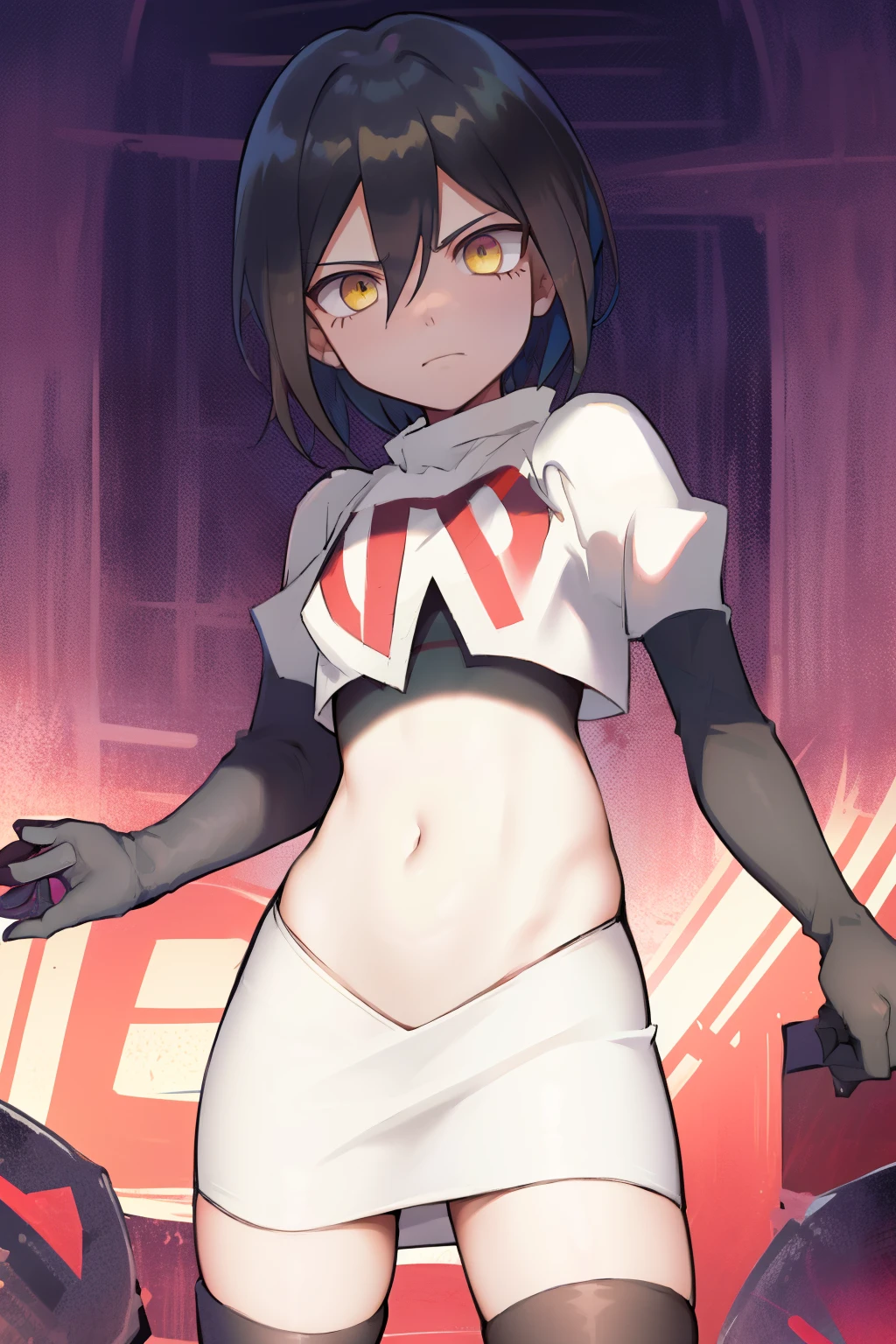absurdres, cowboy shot, solo, male focus, trap, 1boy, crossdressing,1boy, saihara shuichi, yellow eyes,looking at viewer, team rocket,team rocket uniform,white skirt,red letter R,crop top,black thigh-highs,black elbow gloves