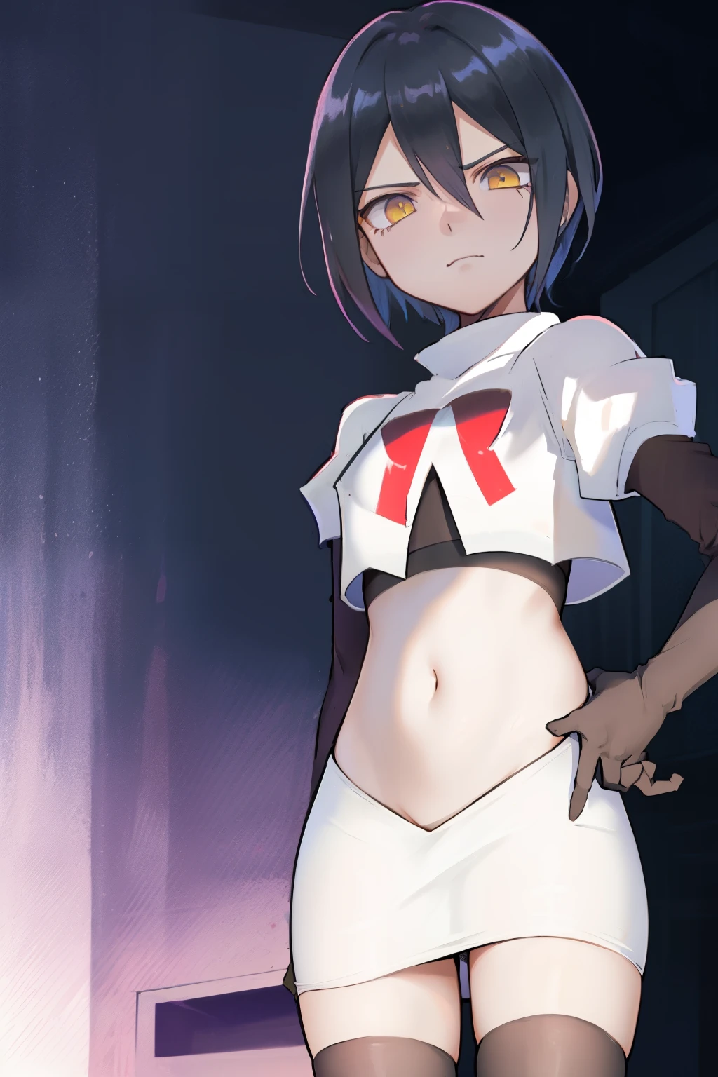 absurdres, cowboy shot, solo, male focus, trap, 1boy, crossdressing,1boy, saihara shuichi, yellow eyes,looking at viewer, team rocket,team rocket uniform,white skirt,red letter R,crop top,black thigh-highs,black elbow gloves