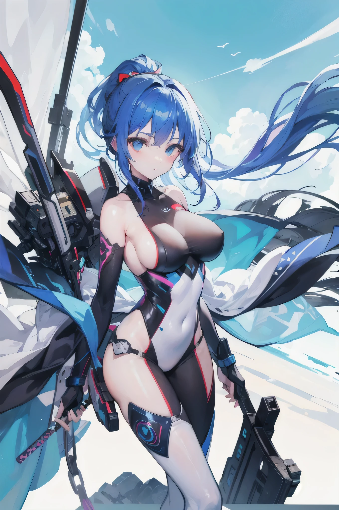 4K,High resolution,one woman,blue hair,long ponytail,big breasts,white tight mechanical suit,side boob,Mechanical visor,Japanese sword,city of the future,daytime sky