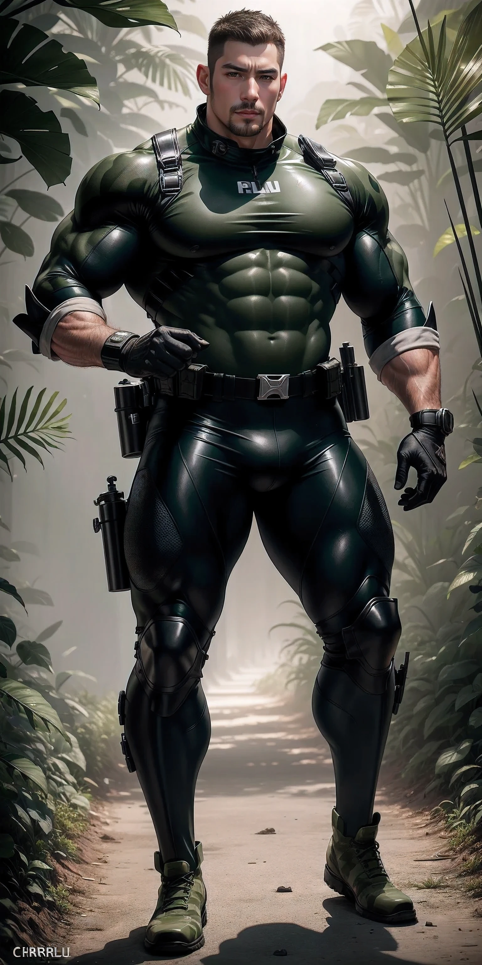 High, huge, muscular police officer with his mouth open and screaming..，Khaki camouflage uniform，character idea（Resident Evil - chris redfield，chris redfield）senior police officer，Wearing a khaki camouflage wetsuit，Matte texture，regular symmetrical texture pattern，Standing in the dark sugar cane jungle, The body is wrapped in thick rattan，sad expression，Deep and charming eyes，Emerald Pupil Hero，heroic male pose，高大burly，muscular！Charming leg muscles，High, burly, Heqiang， Wearing a khaki camouflage wetsuit， Super gain and cool， high resolution committee， Big feet in black boots，Charming strong man，The bright sunshine is shining on you，matte particles，shiny texture