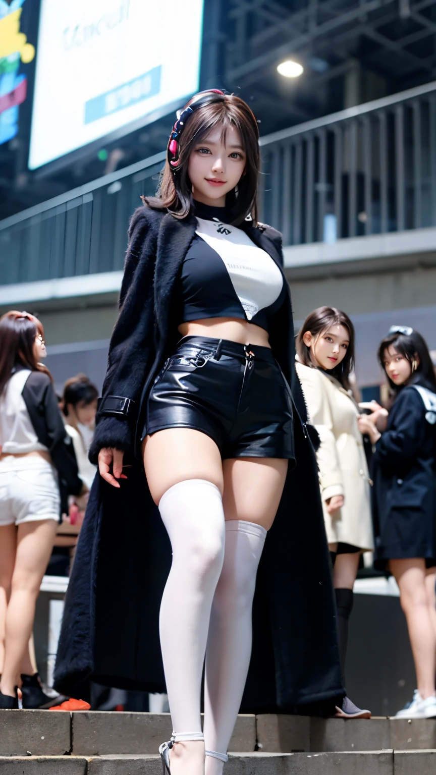 carrot、Supermodel、Perfectly built、Muchi Muchi、Three girls are looking at the audience、　3 girls、、High Leg Raise、Beautiful Feet、Hot Pants、coat、Cyberpunk、earphone、Gentle smile、Look at the girl from below、Innocent face