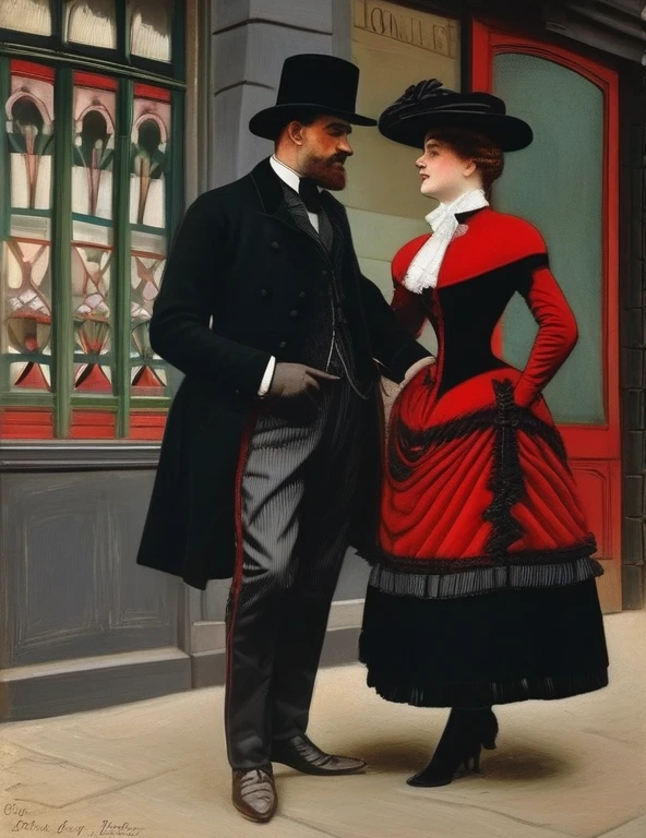 ((meilleure qualité)); Au 19 ème siècle, 1888; couple qui s'embrassent; enlacés; femme chapeau noire, une longue veste noire garnie de fourrure, une rose rouge et des fougères accrochées à sa veste,  longue jupe noire, des bottines, un foulard de soie à carreaux noué autour du cou; homme élégant; costume victorien; rue de Whitechapel; Londres; rue de nuit; scene de vie; cinématographique; hyper réaliste; 4k;