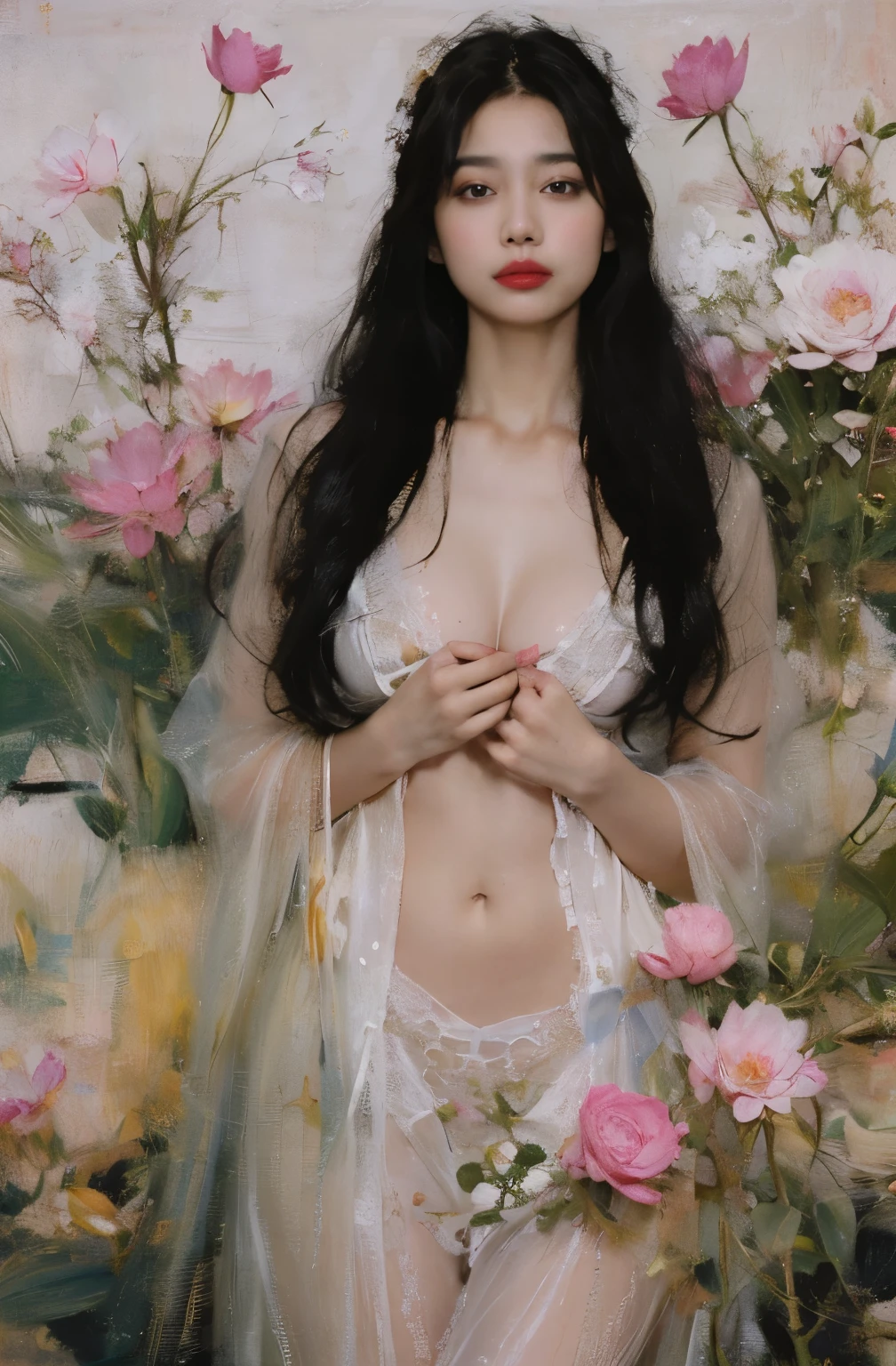 1female，45 yers old，Married Woman，熟妇，plumw，extremely large bosom， 独奏，（Background with：ponds，Cherry blossom forest，lotus flower）standing on your feet， She has short black hair，seen from the front，， mostly cloudy sky，（（（tmasterpiece），（Very detailed CG unity 8K wallpaper），best qualtiy，cinmatic lighting，detailed back ground，beatiful detailed eyes，Bright pupils，Black eyes，Snow-whiteskin，Redlip（Very fine and beautiful），（Beautiful and detailed eye description），ultra - detailed，tmasterpiece，））facing at camera，A high resolution，ultra - detailed），revealing breasts，Bare genitalia，  Bulge，legs are open，Raised sexy，Camel toes，Desire for dissatisfaction，frontage，Navy，elementary student，（Wearing：see-through school uniform，Transparent sailor uniform，Puffy skirt，Bare ，）