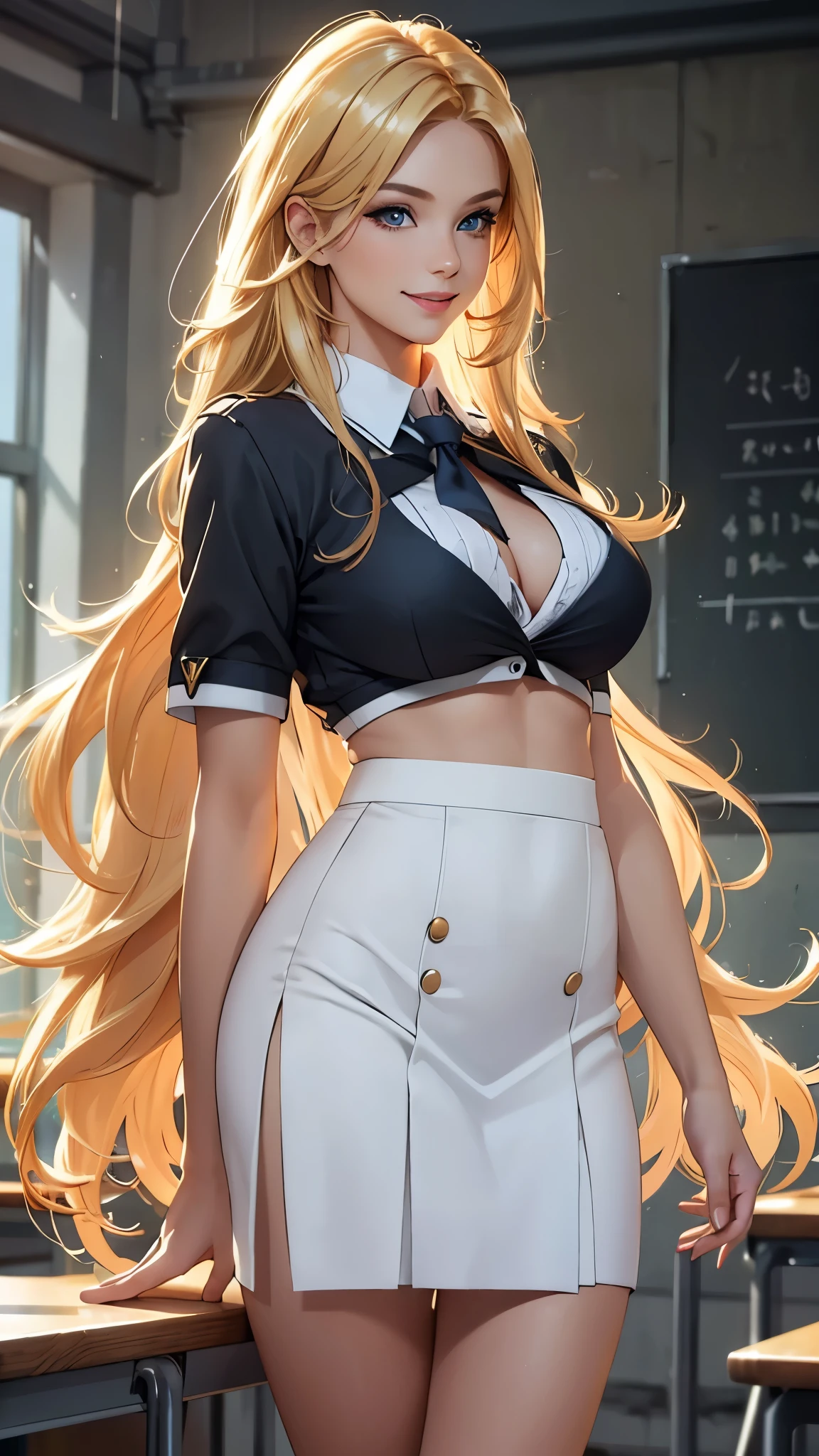 (best quality,ultra-detailed,photo-realistic:1.37),bright and vibrant colors,studio lighting,playful expression,stylish makeup,long blonde hair flowing in the wind,alluring eyes,glossy lips,sexy pose,black school uniform, standing in classroom, smiling in a confident and seductive way,posing for a professional photoshoot,shallow depth of field,highlighting the main subject,soft natural lighting,creating a dreamy and magical atmosphere. (((Medium Tits)))