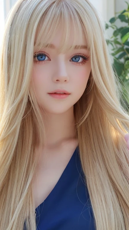 White, clear, shiny and bright skin、 cute sexy little very beautiful face、Straight super long blonde hair that shines in dazzling light、Beautiful blonde hair dancing wildly in front of her cute and beautiful face、Silky long bangs that cover the cute eyes、blonde hiding her sexy face、Very beautiful long blonde hair、sexy cute young beautiful girl、very big breasts、Super long natural young blonde with dazzling light highlights、hair above eyes、片hair above eyes、hair between eyes、Very beautiful, bright and dazzling, pale light blue big eyes、extremely big eyes、small face beauty、cheek gloss highlight