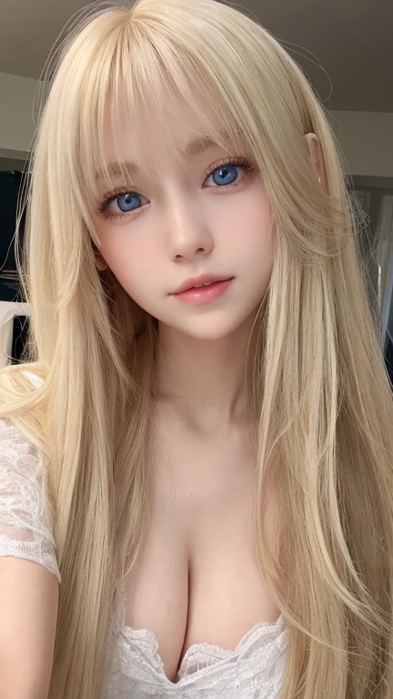 White, clear, shiny and bright skin、17 year old cute sexy little very beautiful face、Straight super long blonde hair that shines in dazzling light、Beautiful blonde hair dancing wildly in front of her cute and beautiful face、Silky long bangs that cover the cute eyes、blonde hiding her sexy face、Very beautiful long blonde hair、sexy cute young beautiful girl、very big breasts、Super long natural young blonde with dazzling light highlights、hair above eyes、片hair above eyes、hair between eyes、Very beautiful, bright and dazzling, pale light blue big eyes、extremely big eyes、small face beauty、cheek gloss highlight