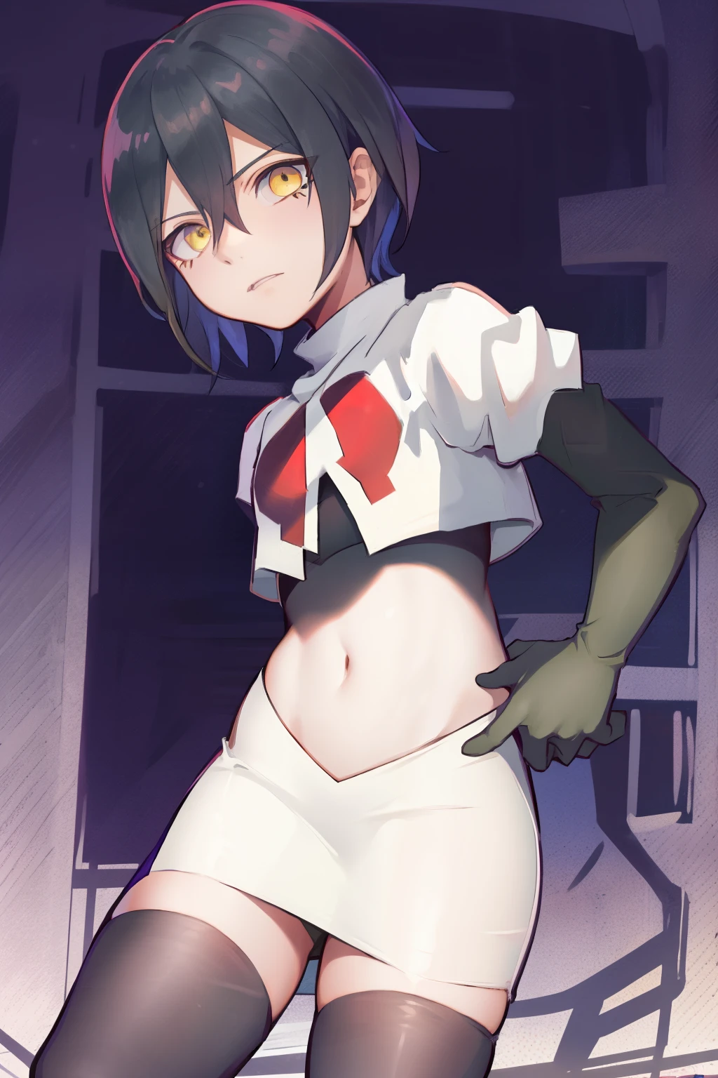 absurdres, cowboy shot, solo, male focus, trap, 1boy, crossdressing,1boy, saihara shuichi, yellow eyes,looking at viewer, team rocket,team rocket uniform,white skirt,red letter R,crop top,black thigh-highs,black elbow gloves