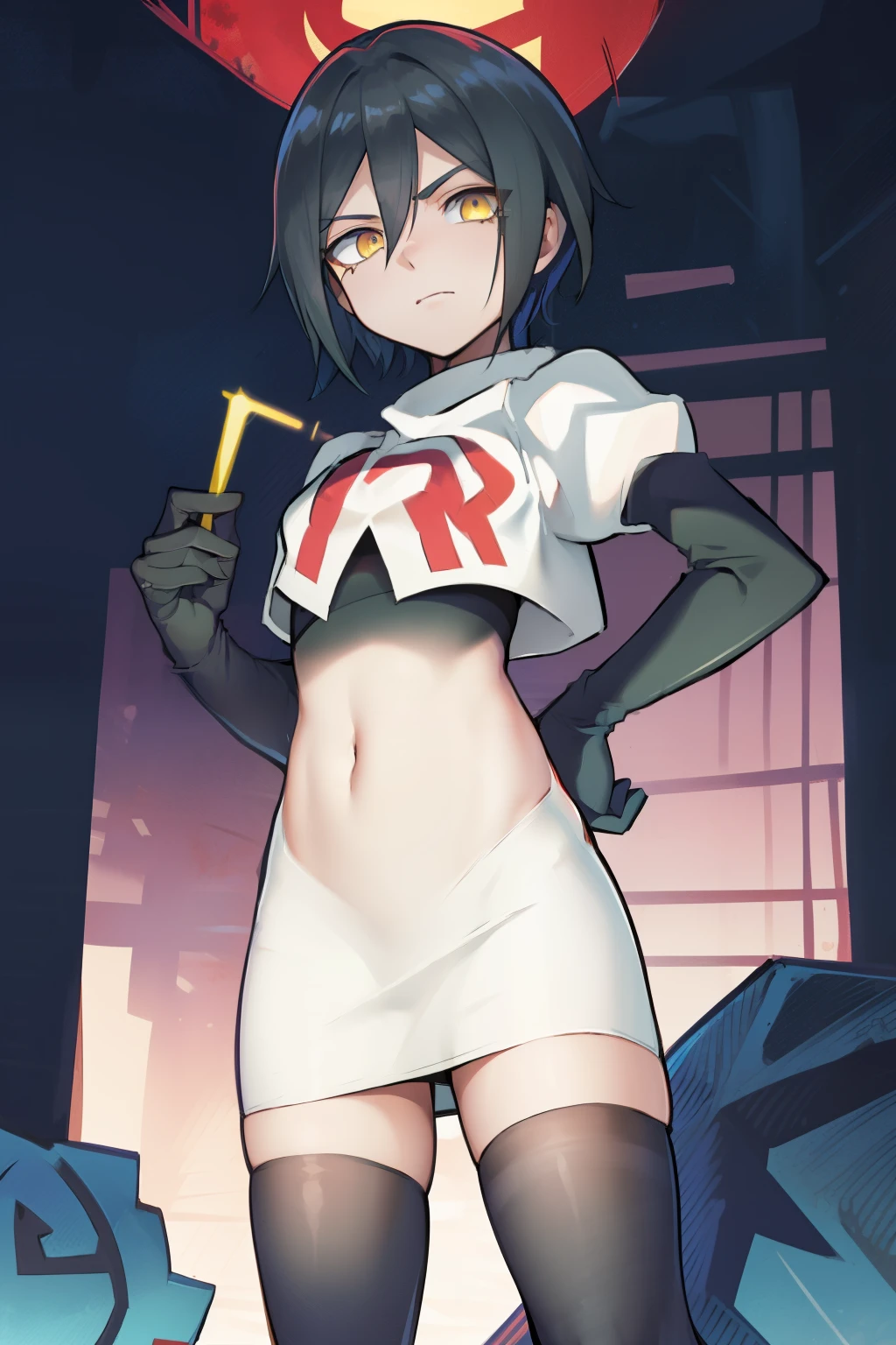 absurdres, cowboy shot, solo, male focus, trap, 1boy, crossdressing,1boy, saihara shuichi, yellow eyes,looking at viewer, team rocket,team rocket uniform,white skirt,red letter R,crop top,black thigh-highs,black elbow gloves