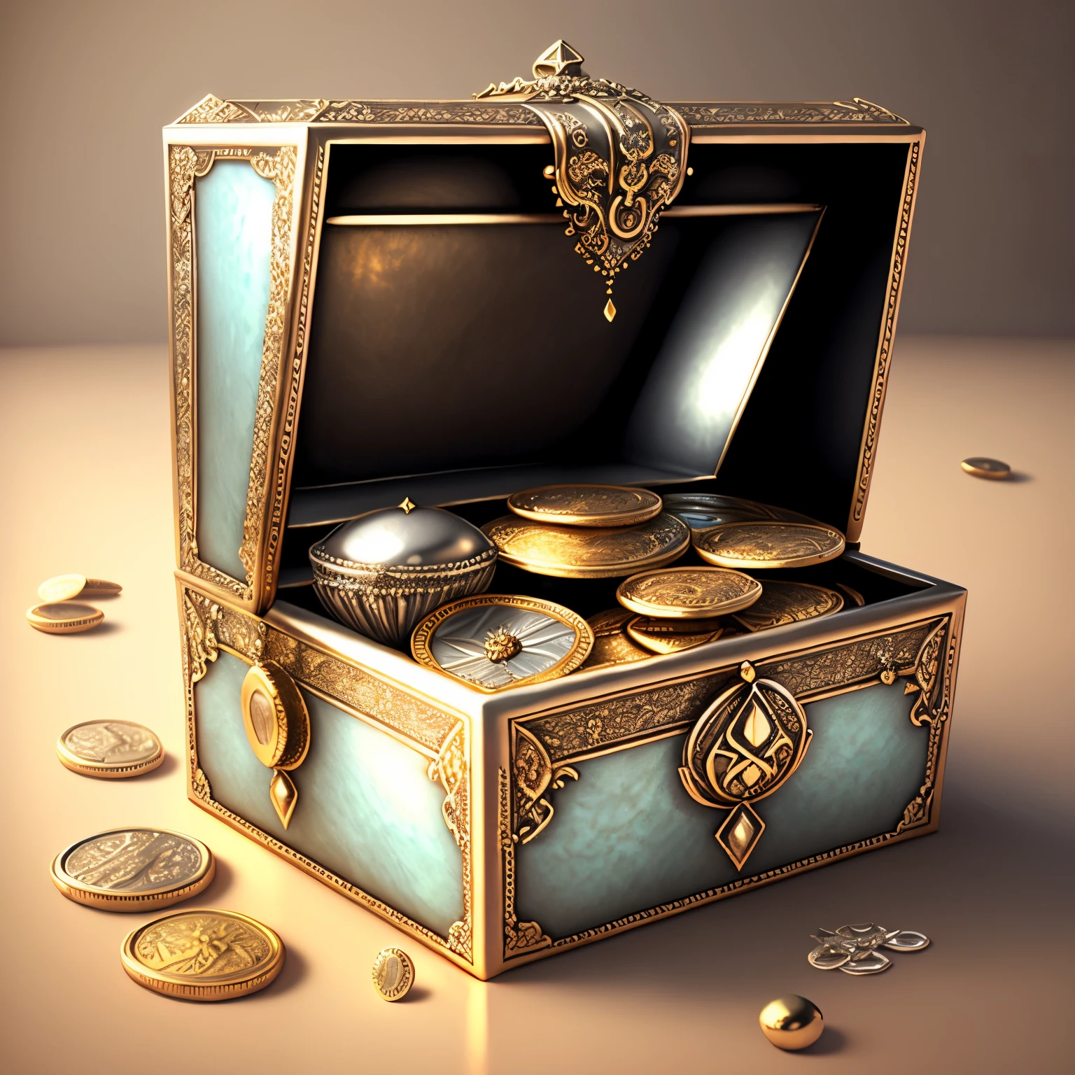 silver treasure box, coin, jewels