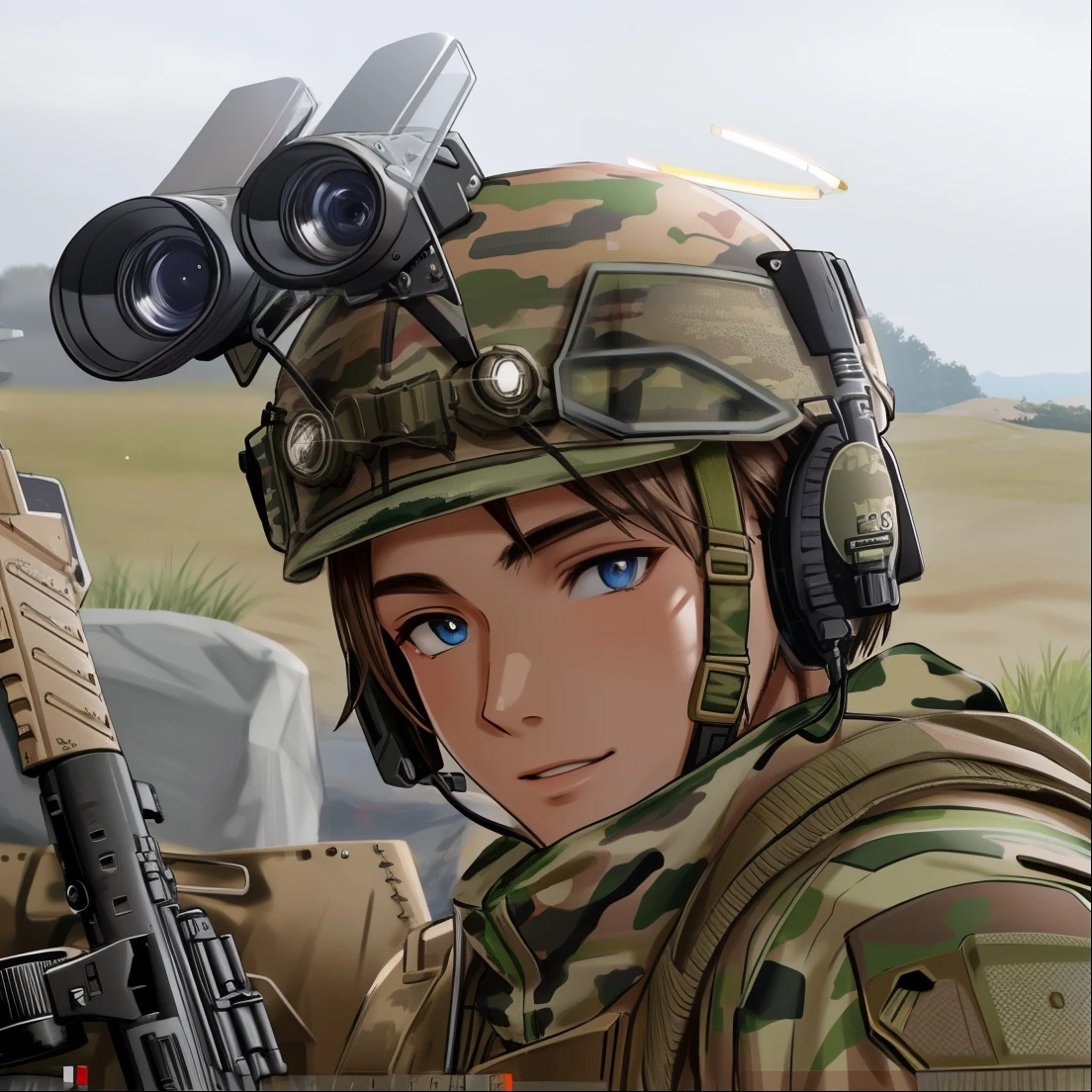 arafed soldier with a rifle and a helmet on with a camera, multicam, multicam camo, arma 3, arma 3 screenshot, multicam uniform, us soldiers, multicam (camo), future soldier clothing, close up portrait shot, rugged soldier, close up view, male with halo, us army, 2020 video game screenshot, anime style, night goggles