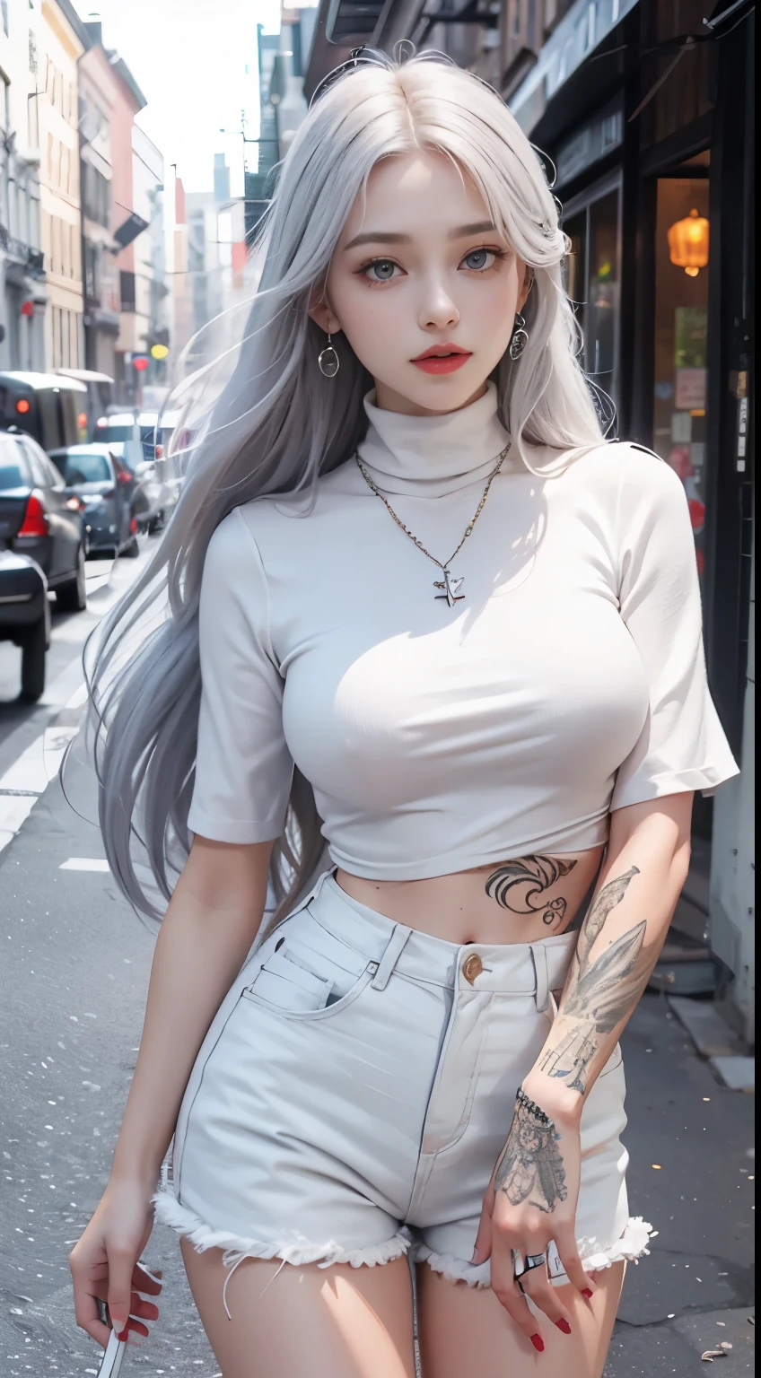 Beautiful girl college student，masterpiece，light makeup，red lips，silver hair，messy long hair，street background，beautiful，grace。super fine details，work，authentic texture，Realistic movie lighting，完美的work，8K，HD，exquisite features，White Skinny Turtleneck Top，White Skinny Shorts，slim body shape，big and bright eyes，，earrings，necklace，Tattoos