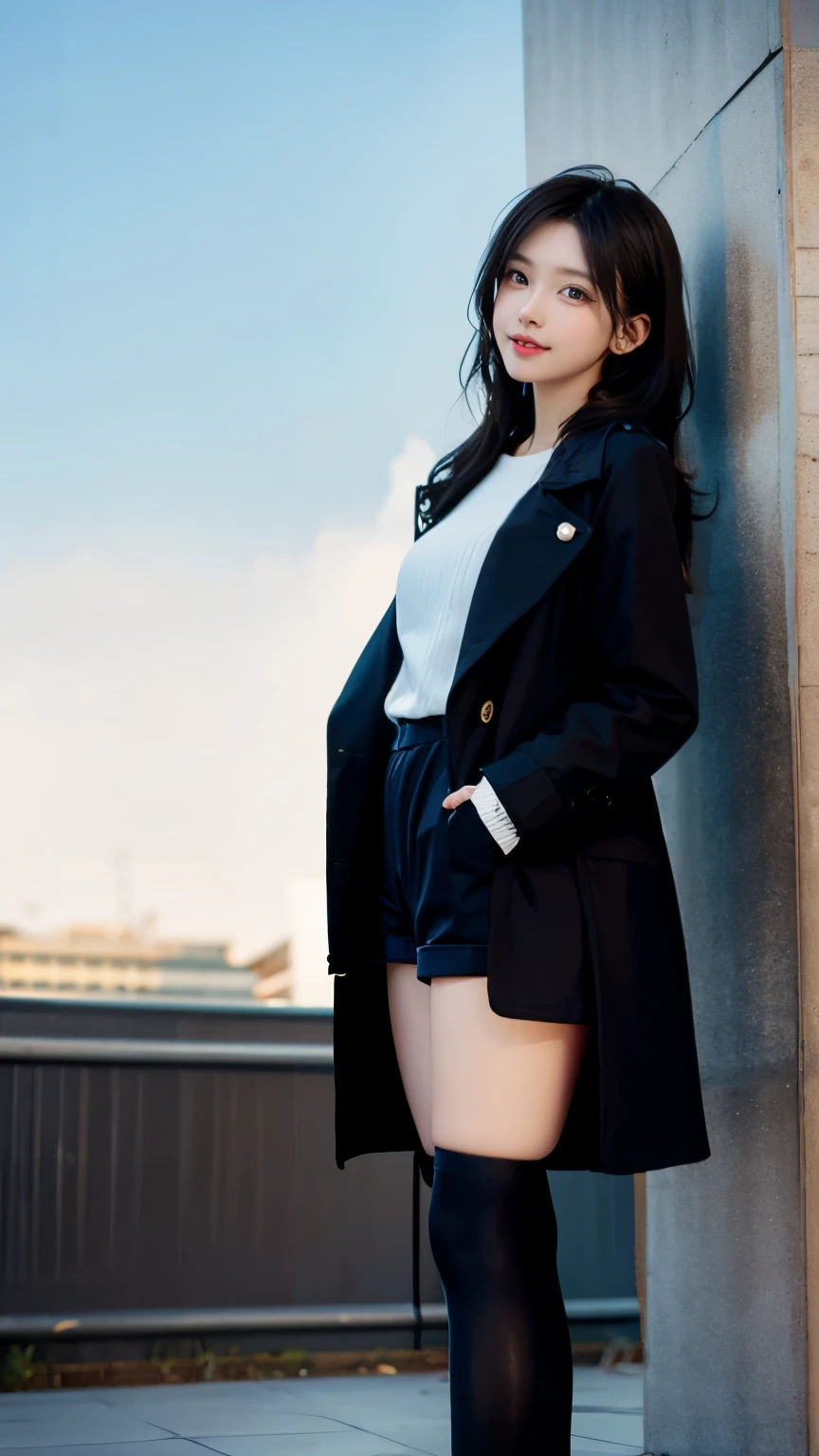 culottes、Supermodel、Perfect build、Muchimuchi、Three girls are looking at the viewer、　3 girls、、Thighhighs、beautiful feet、hot pants、coat、cyber punk、headphone、gentle smile、Seen by girls from below、Innocent face