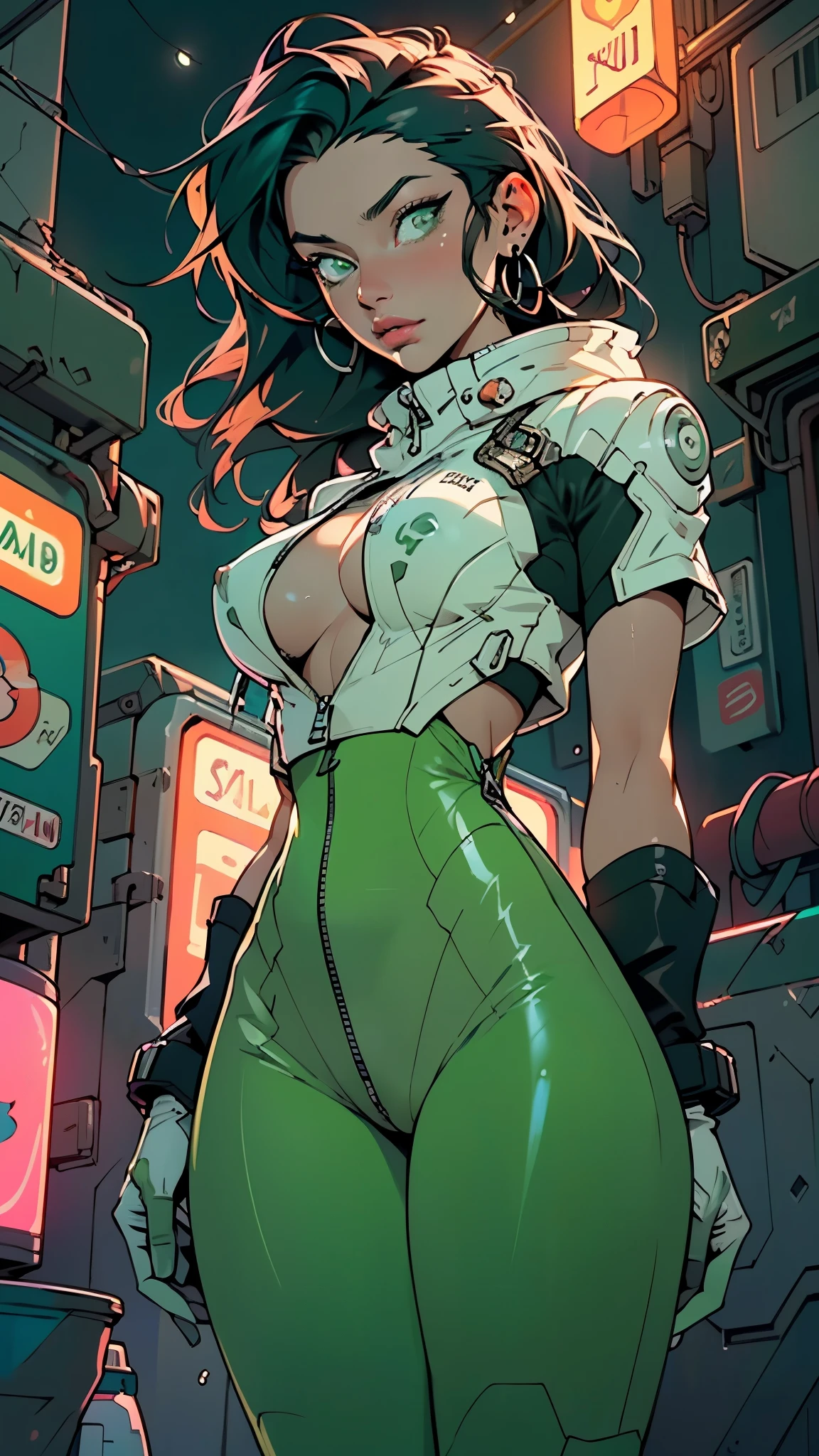 girl spacepunk,(((1girl))),((beautiful girl with spacesuit)),woman,1female,((milf,mom,mature,mature woman,45 years old female,adult)),
(large breasts:1.4),saggy breasts,(((dark hair:1.4,straight hair,long hair:1.4,colored inner hair))),(((green_eyes:1.3))),intricate eyes,beautiful detailed eyes,symmetrical eyes,((fat)),(((lustrous skin:1.5,bright skin: 1.5,skin tanned,shiny skin,very shiny skin,shiny body,plastic glitter skin,exaggerated shiny skin,illuminated skin,wet legs))),(spider lower abdomen,narrow waist,wide hip,imbo body,inflated legs, thick thighs,detailed body,(detailed face)),
cute,slutty,seductive,erotic,(((nsfw))),
revealing clothing,show skin,((underboob:1.5)),(cleavage),((space suit outfit, green space suit,short sleeve spacesuit)),(wearing a space suit outfit:1.3,space suit clothes),((zipper suit, zipper slightly unzipped))),((wet clothes,intricate outfit,intricate clothes)),
(dynamic pose:1.0),solo focus,embarrassed,(centered,scale to fit dimensions,Rule of thirds),
cyberpunk city by the ocean at night, with bright neon signs and dark stormy clouds and puddles, scenery:1.25,nighttime, starry night, cosmos,Very dark night that makes the neon lights stand out, very bright neon lights,nighttime, starry night, cosmos,
artistic photography,(photography taken by sldr),highres, sharp focus,(ultra detailed, extremely detailed), (photorealistic artwork:1.37),(extremely detailed CG unity 8k wallpaper),((synthwave background theme)),(((vibrant colors))),intricate,(intricate background),(masterpiece),(best quality),perfect rendered face,perfect face details,realistic face,photo realistic,analog style,((intricate detail)),(((realism))),
