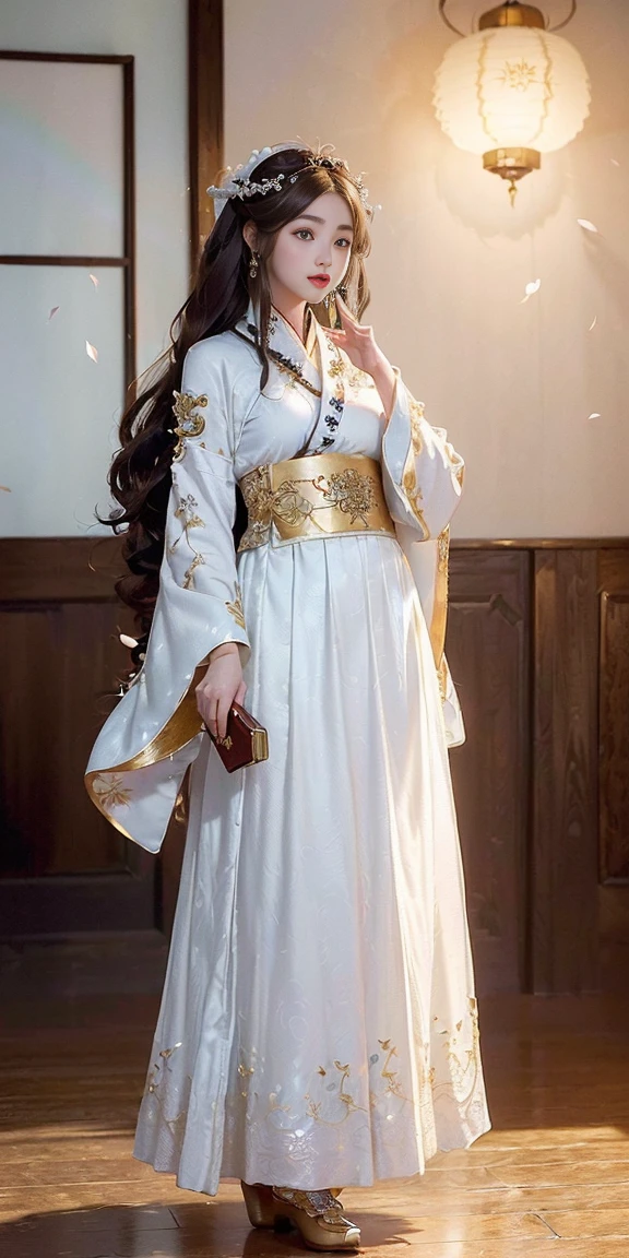 best quality, masterpiece, demanding body:1.5),gorgeous face,(milky white skin:1.3),intricate details,high resolution,wallpaper,
1 girl, alone,short skirt, hair accessories, (((金色和红色short skirt, long hair, brown hair, Keep your mouth shut, jewelry, long sleeves, Raise your hand, wide sleeves, big eyes,flowing hair, Hanfu, hanfu, embroidery, long skirt, natural posture, falling petals, indoor,Fan Ning, lantern,
16k,high dynamic range,high resolution,depth field,(film grain:1.1),This book,golden fang flare),vignette,rainbow,(color grading:1.5)The skirt is lifted